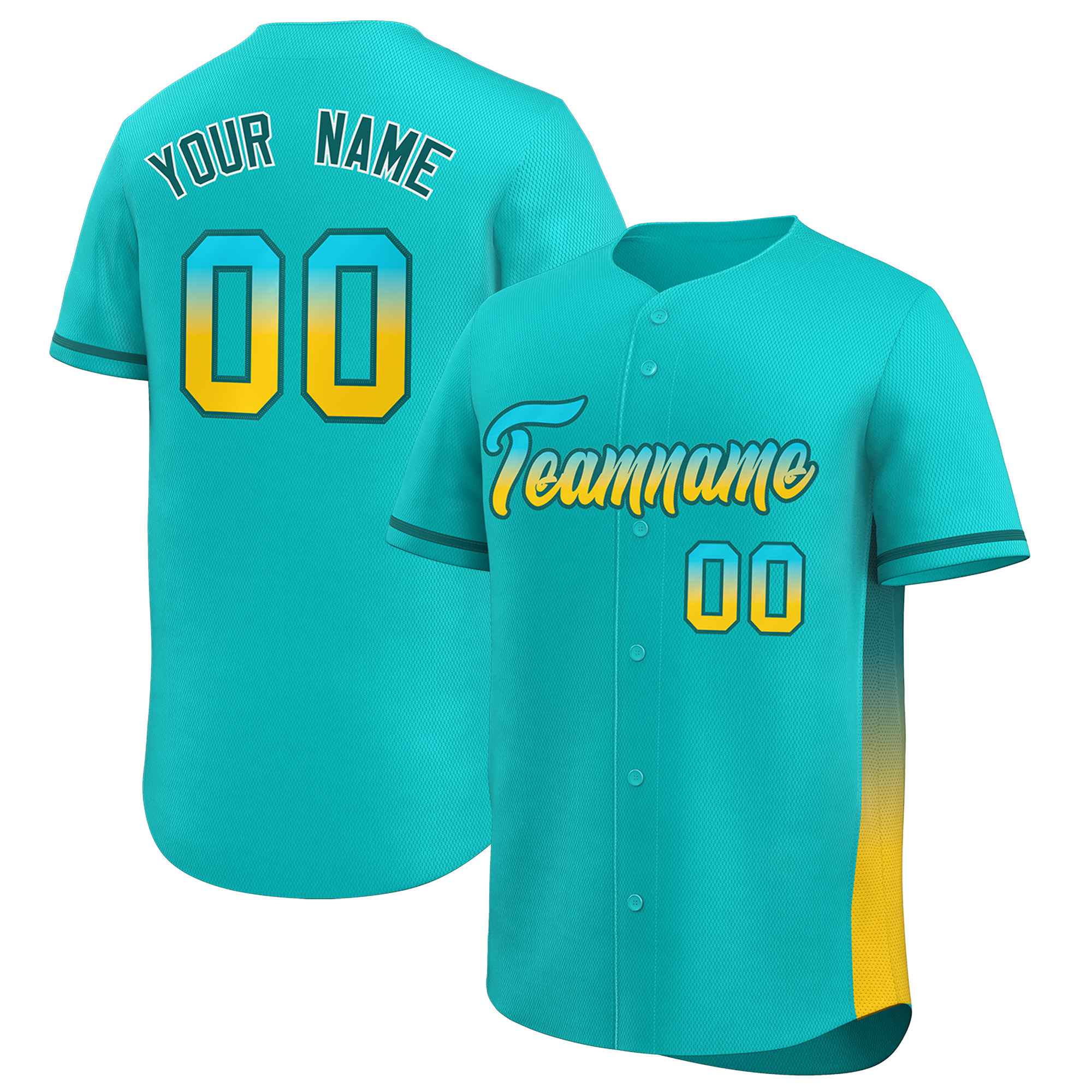 Custom Aqua Aqua-Gold Personalized Gradient Font And Side Design Authentic Baseball Jersey