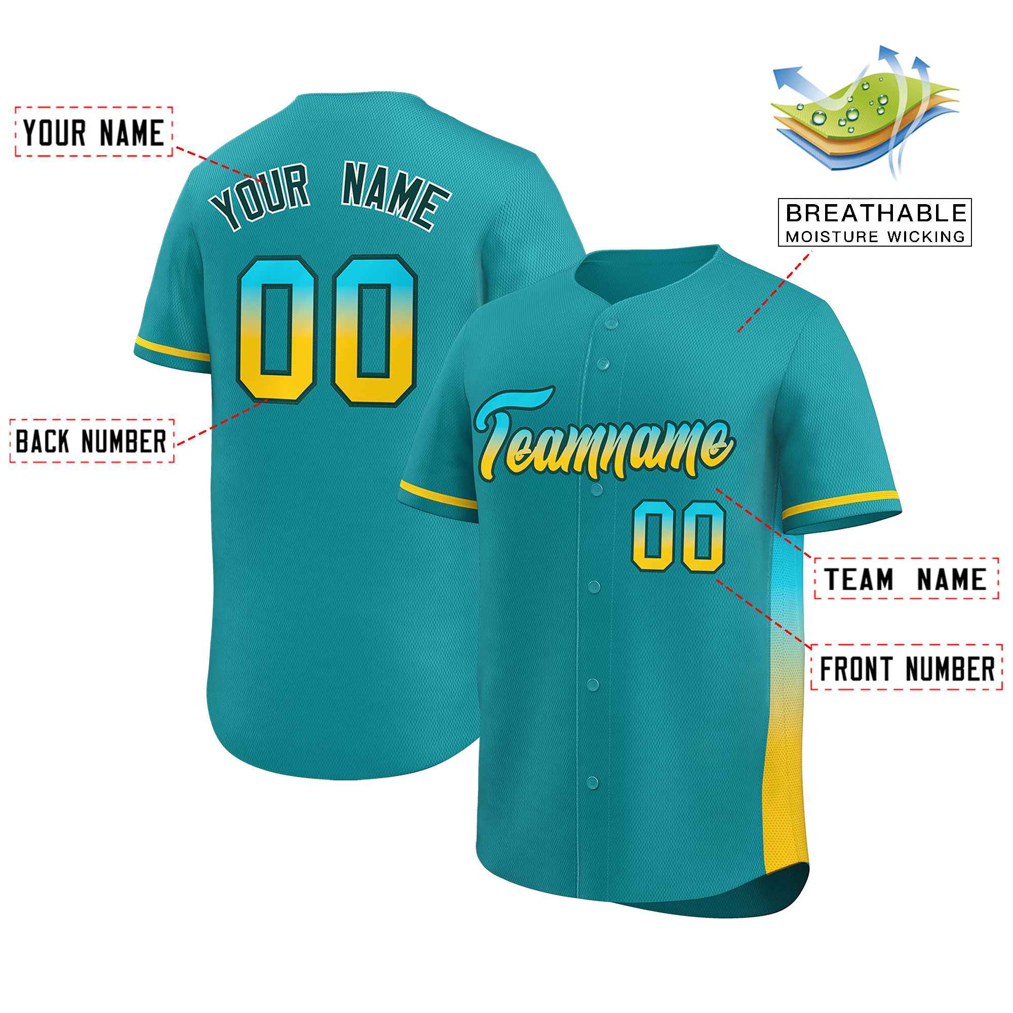 Custom Aqua Sky Blue-Gold Personalized Gradient Font And Side Design Authentic Baseball Jersey