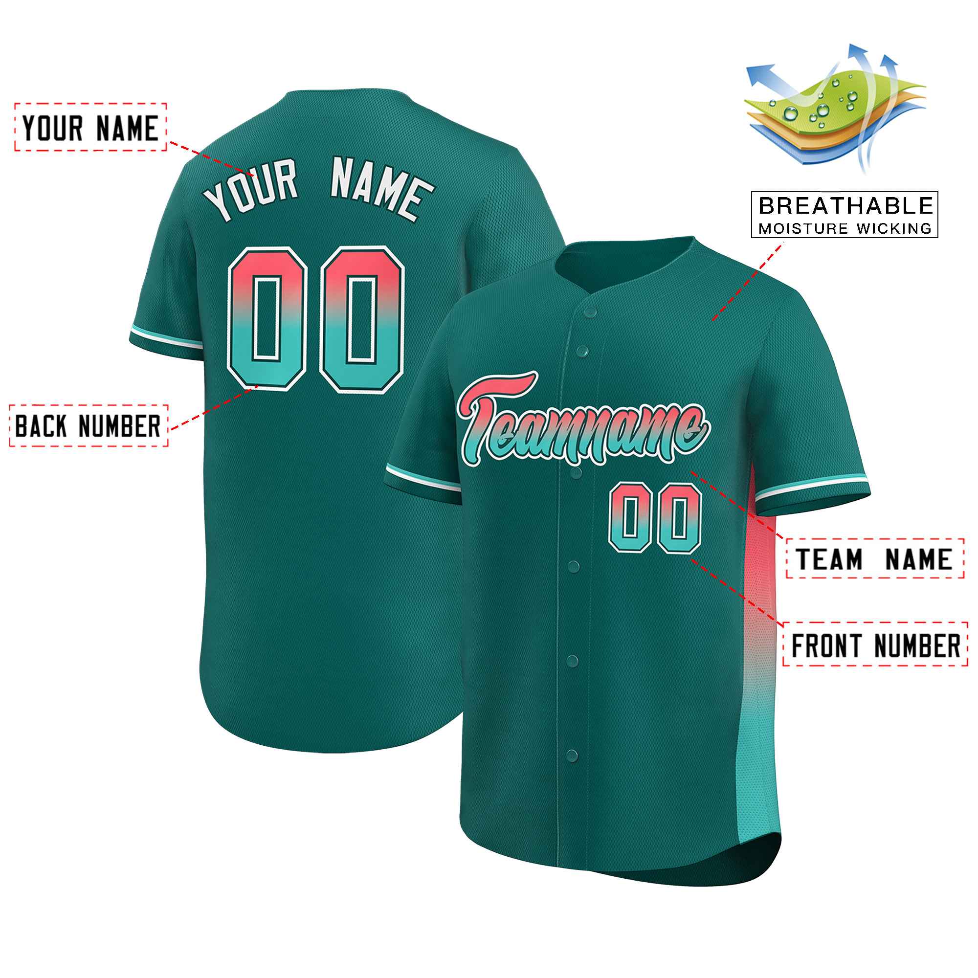 Custom Aqua Lt Red-Aqua Personalized Gradient Font And Side Design Authentic Baseball Jersey