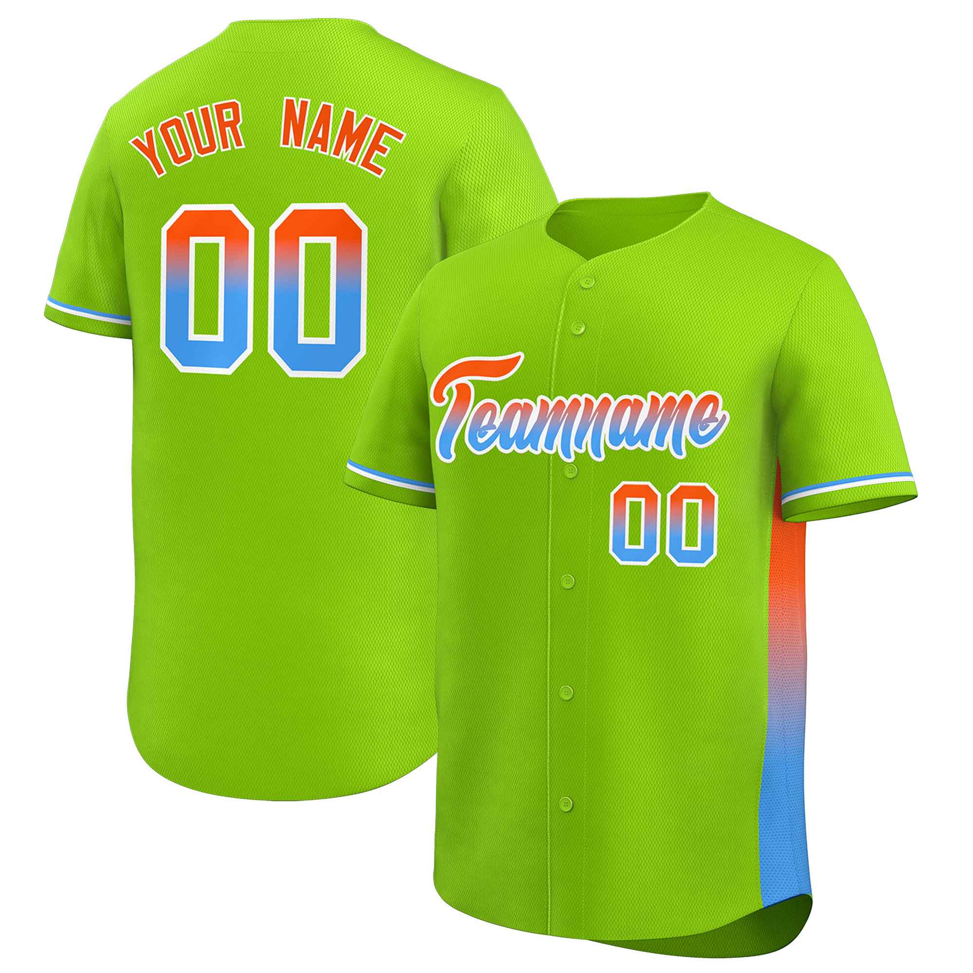 Custom Neon Green Orange-Powder Blue Personalized Gradient Font And Side Design Authentic Baseball Jersey