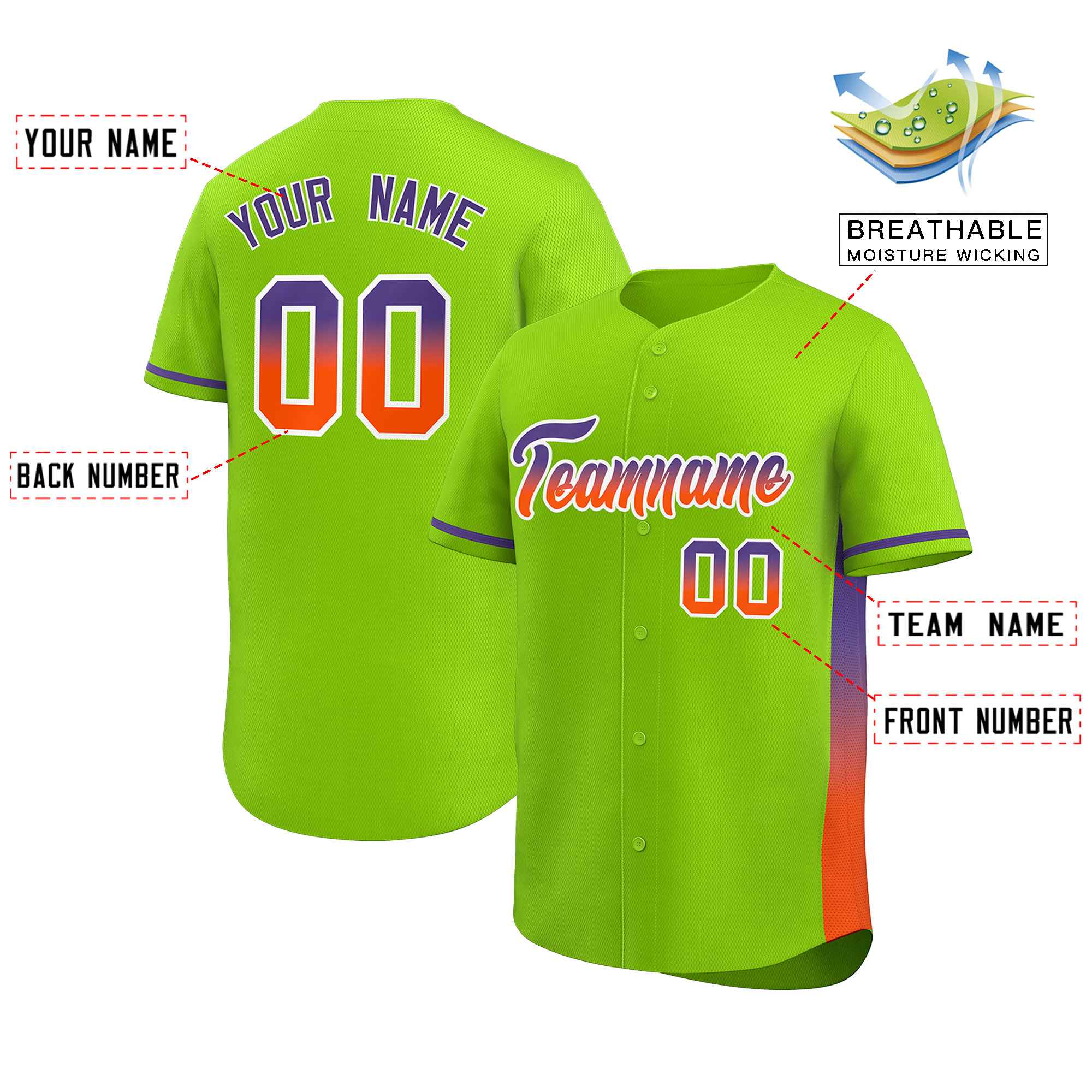 Custom Neon Green Purple-Orange Personalized Gradient Font And Side Design Authentic Baseball Jersey