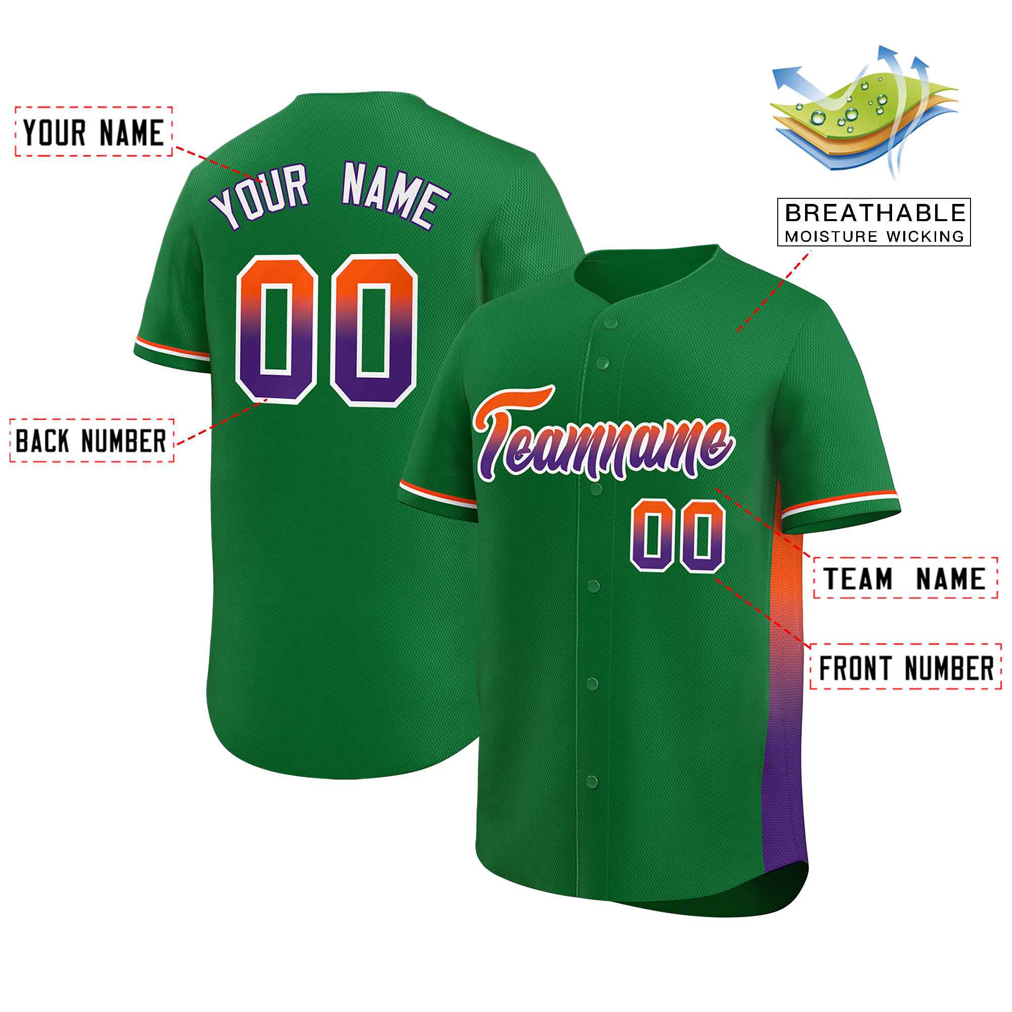 Custom Kelly Green Orange-Purple Personalized Gradient Font And Side Design Authentic Baseball Jersey