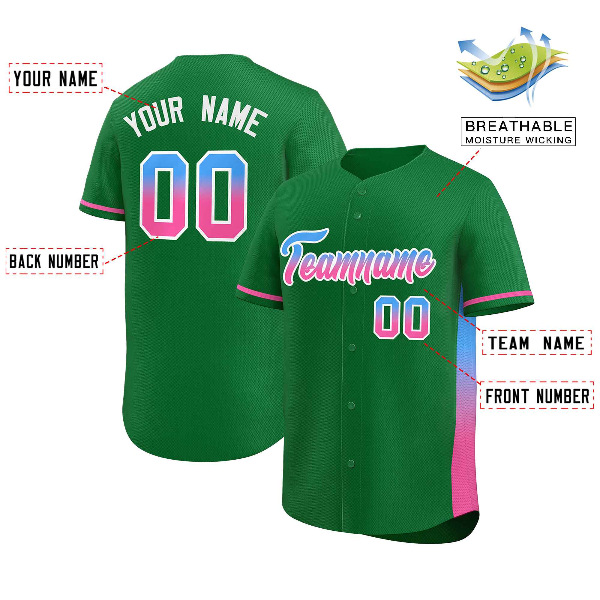 Custom Kelly Green Powder Blue-Pink Personalized Gradient Font And Side Design Authentic Baseball Jersey