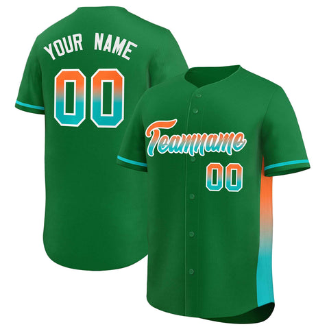 Custom Kelly Green Orange-Aqua Personalized Gradient Font And Side Design Authentic Baseball Jersey