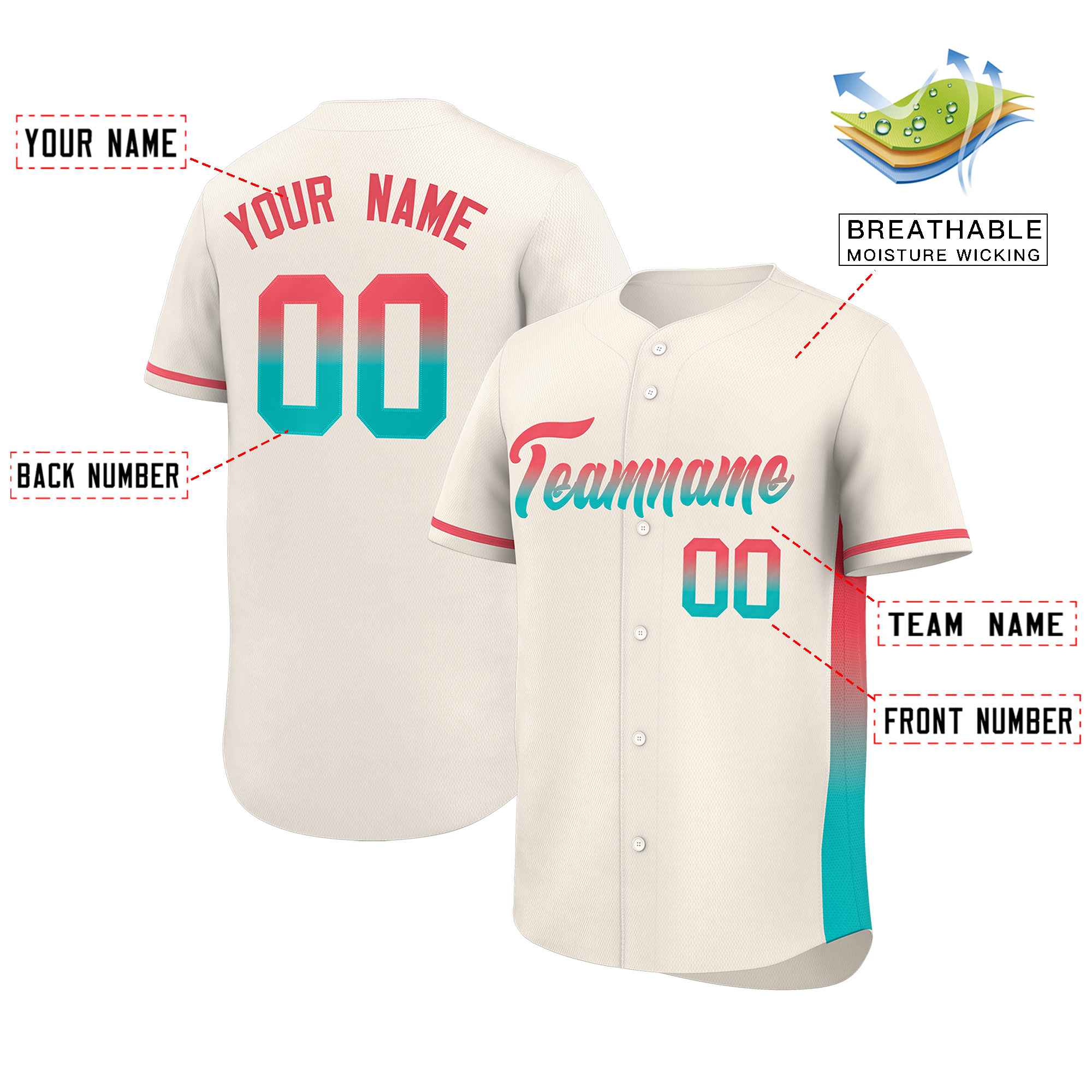 Custom Cream Lt Red-Aqua Personalized Gradient Font And Side Design Authentic Baseball Jersey