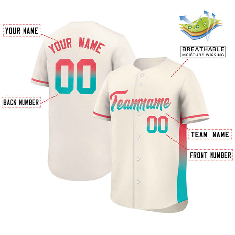 Custom Cream Lt Red-Aqua Personalized Gradient Font And Side Design Authentic Baseball Jersey
