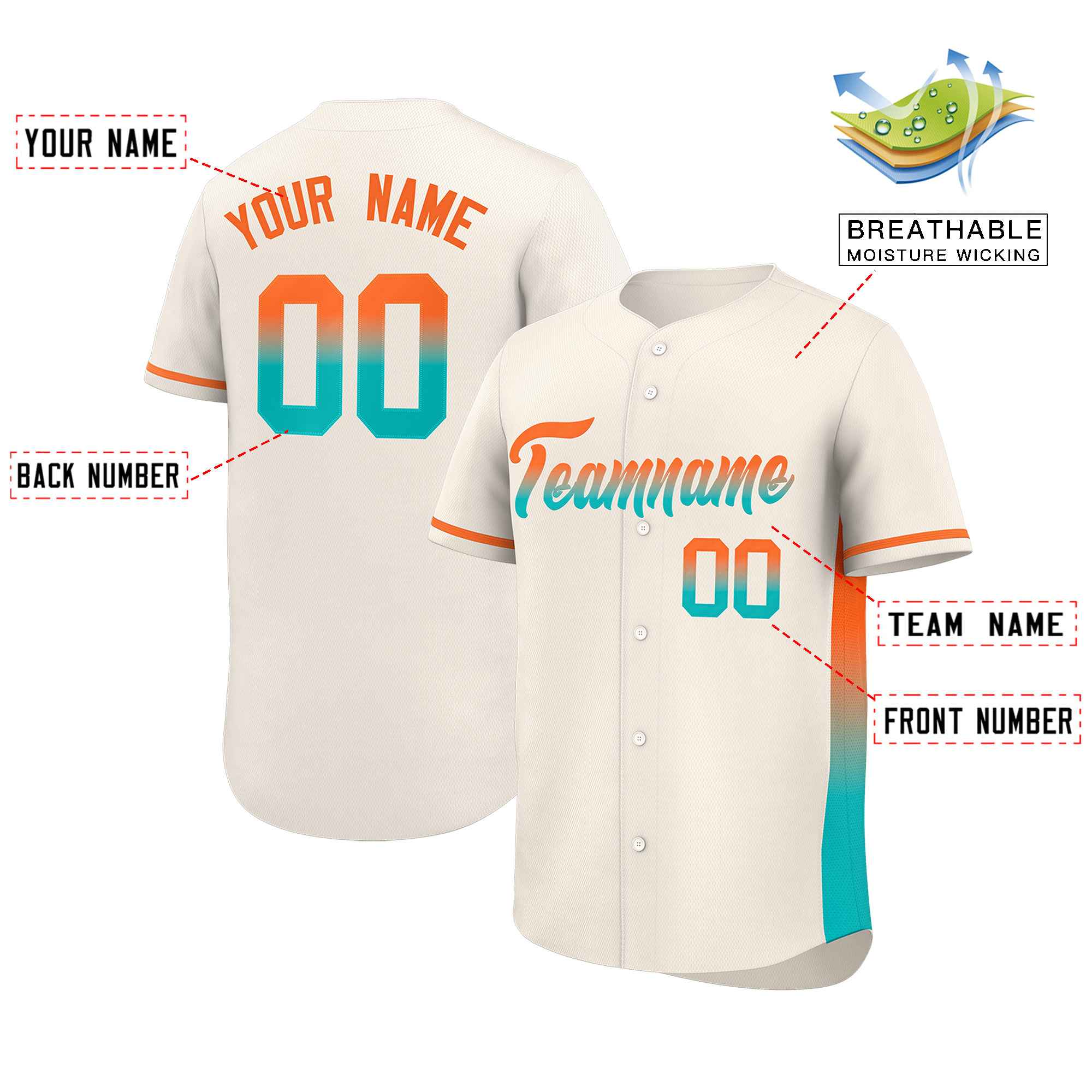 Custom Cream Orange-Aqua Personalized Gradient Font And Side Design Authentic Baseball Jersey