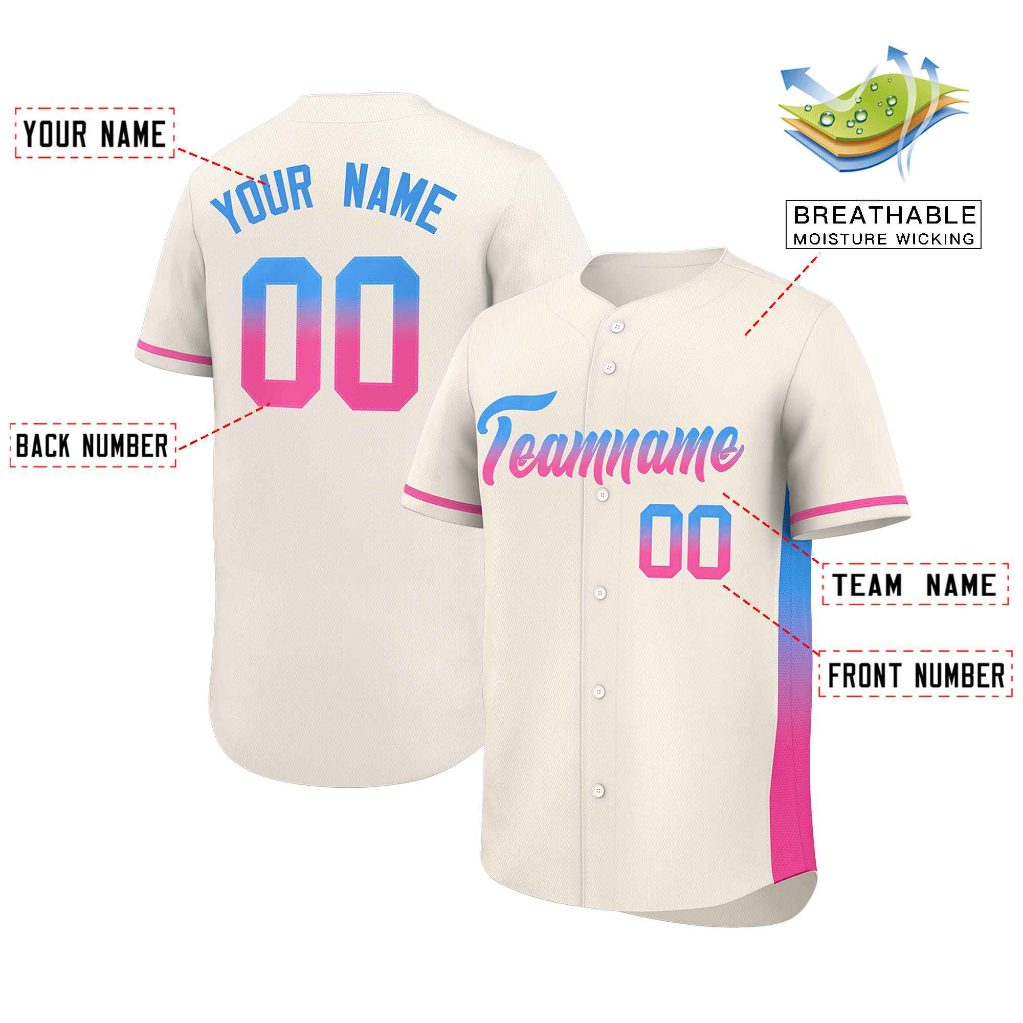 Custom Cream Powder Blue-Pink Personalized Gradient Font And Side Design Authentic Baseball Jersey