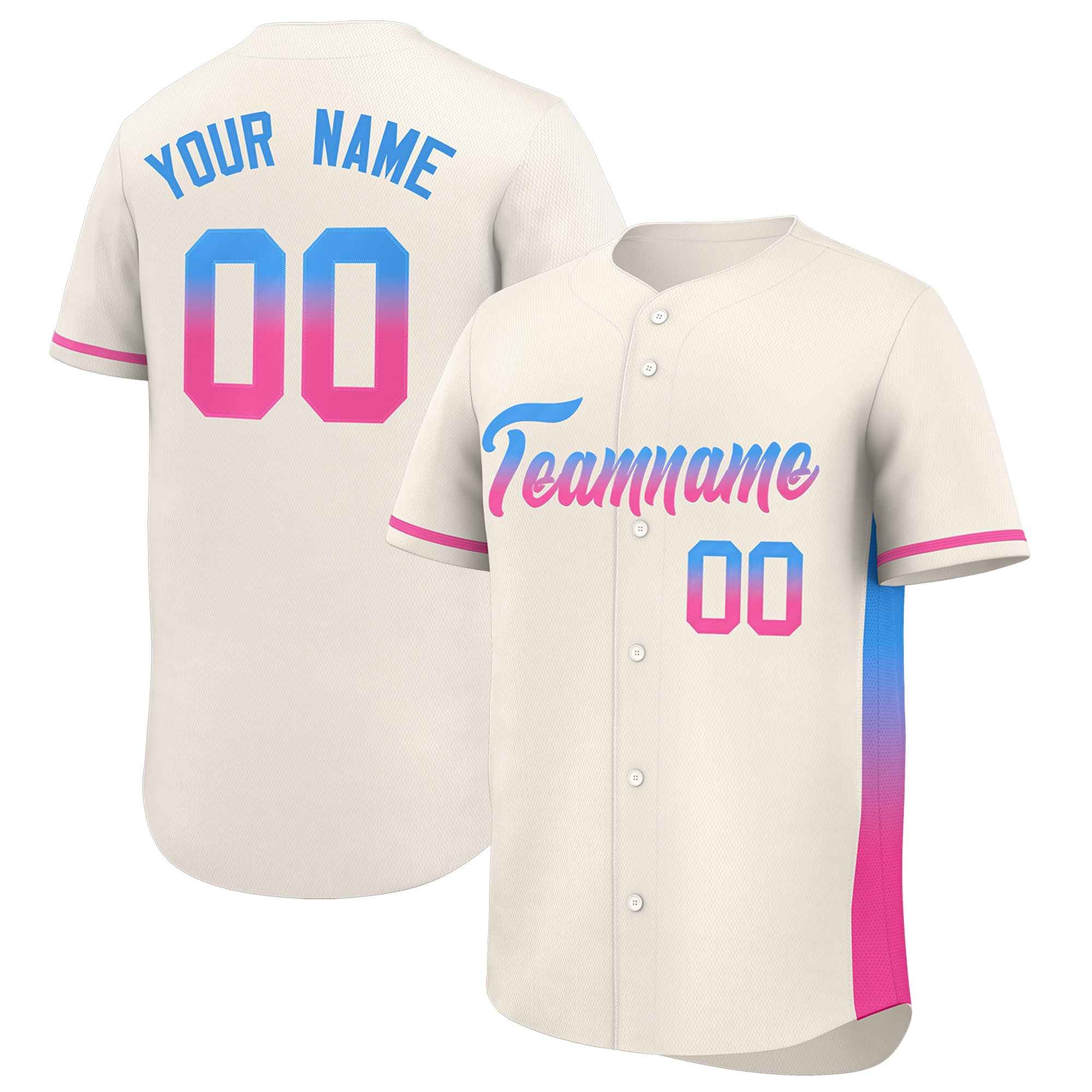 Custom Cream Powder Blue-Pink Personalized Gradient Font And Side Design Authentic Baseball Jersey