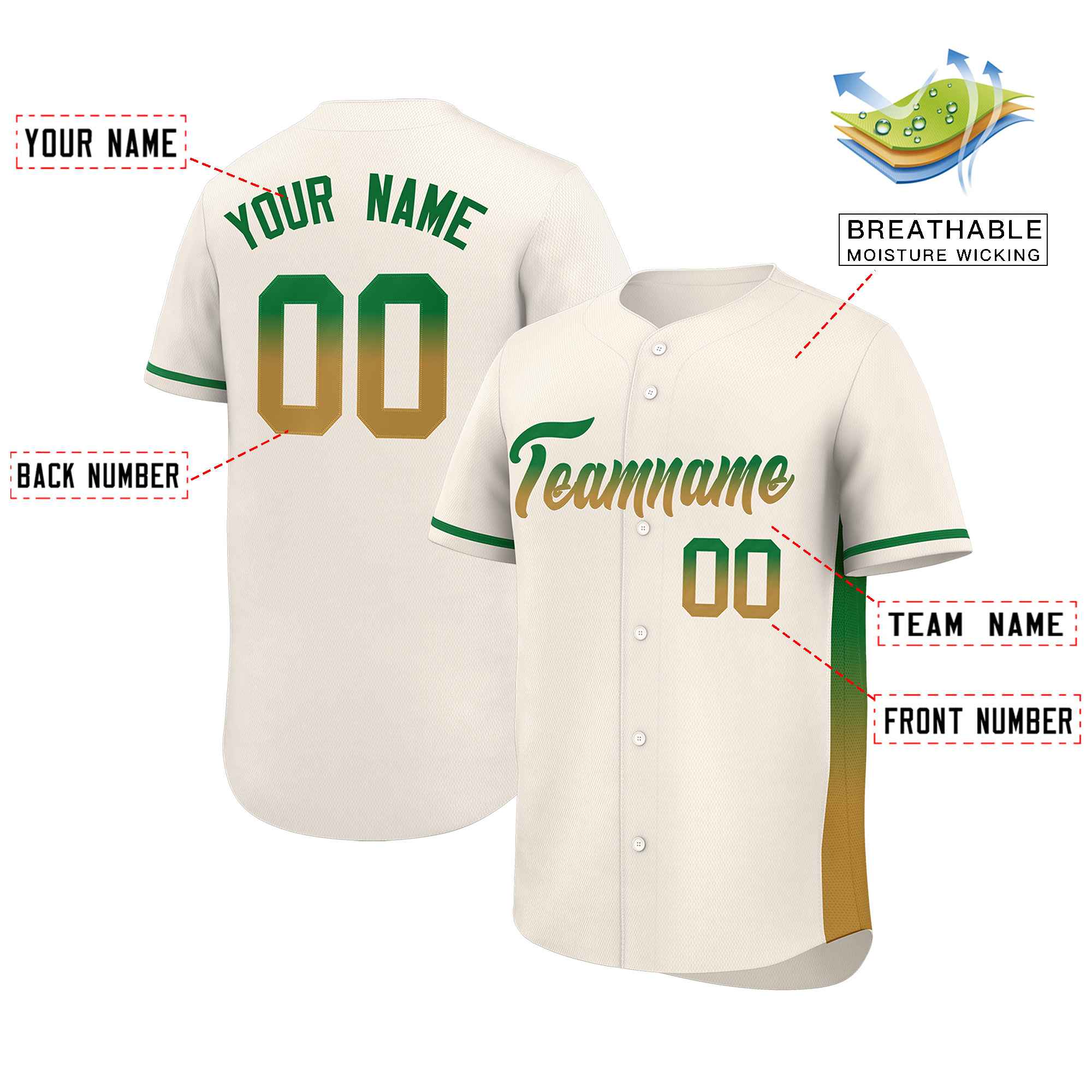 Custom Cream Kelly Green-Old Gold Personalized Gradient Font And Side Design Authentic Baseball Jersey