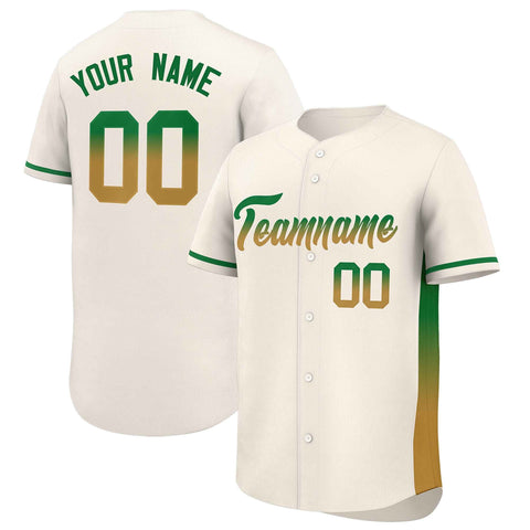 Custom Cream Kelly Green-Old Gold Personalized Gradient Font And Side Design Authentic Baseball Jersey