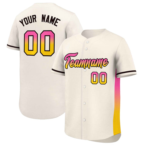 Custom Cream Pink-Gold Personalized Gradient Font And Side Design Authentic Baseball Jersey