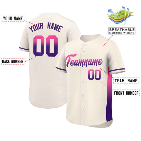 Custom Cream Pink-Purple Personalized Gradient Font And Side Design Authentic Baseball Jersey