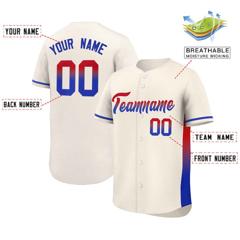 Custom Cream Red-Royal Personalized Gradient Font And Side Design Authentic Baseball Jersey