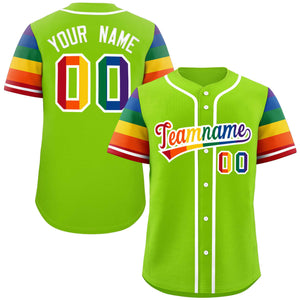 Custom Neon Green LGBT Rainbow For Pride Month Raglan Sleeves Authentic Baseball Jersey