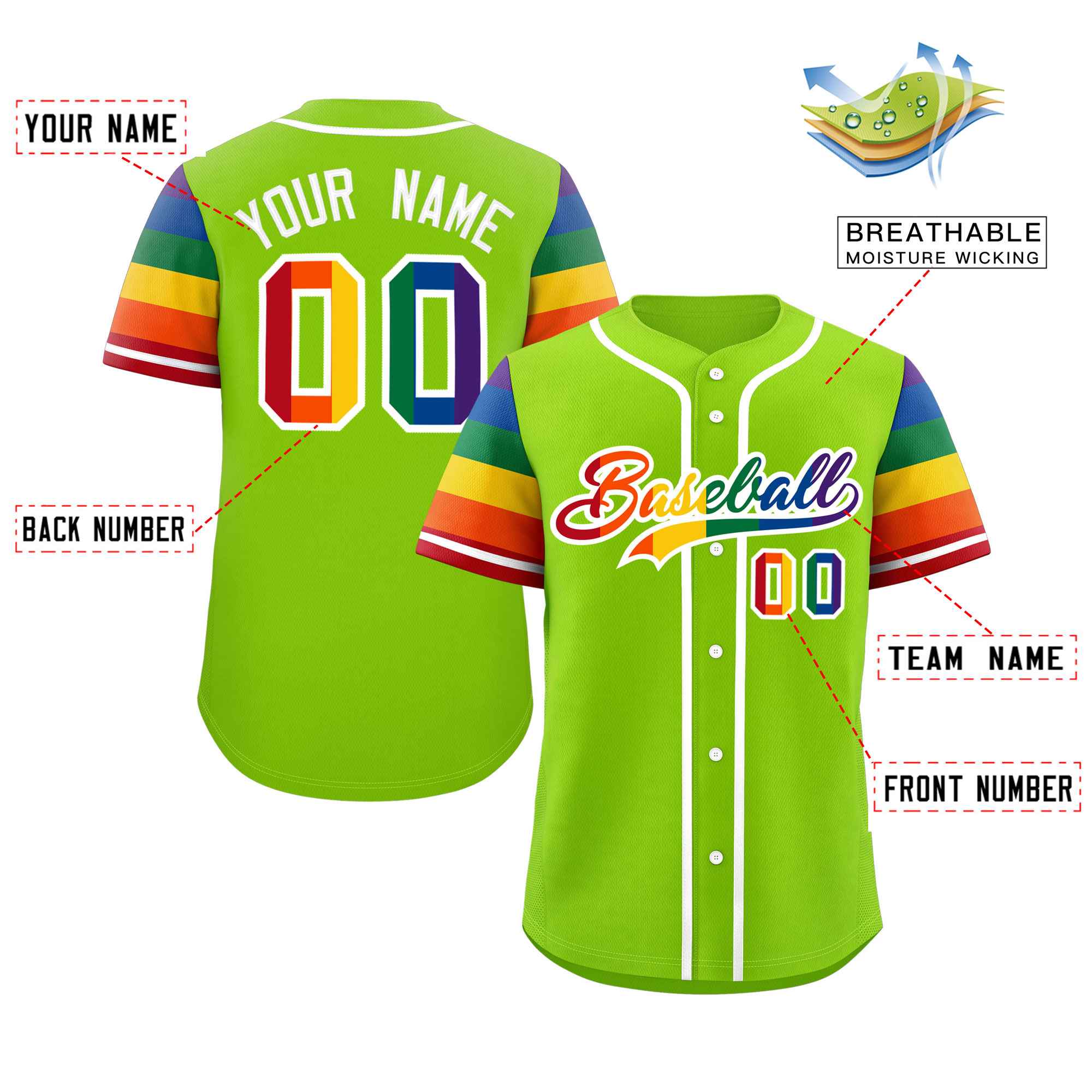 Custom Neon Green LGBT Rainbow For Pride Month Raglan Sleeves Authentic Baseball Jersey