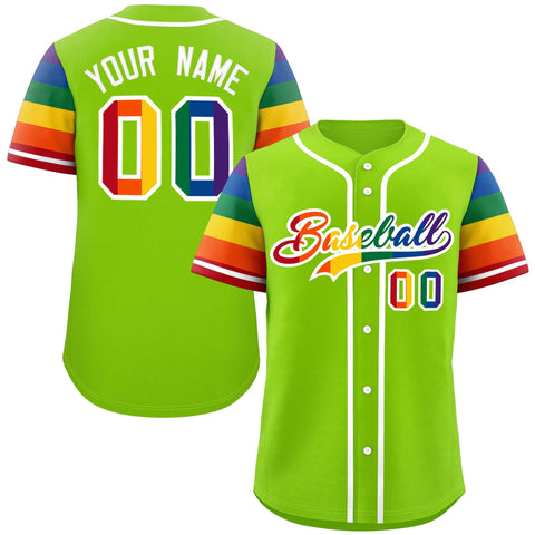 Custom Neon Green LGBT Rainbow For Pride Month Raglan Sleeves Authentic Baseball Jersey