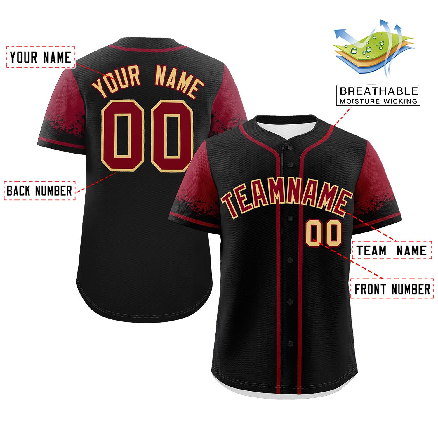 Custom Black Crimson Personalized Raglan Sleeves Design Authentic Baseball Jersey