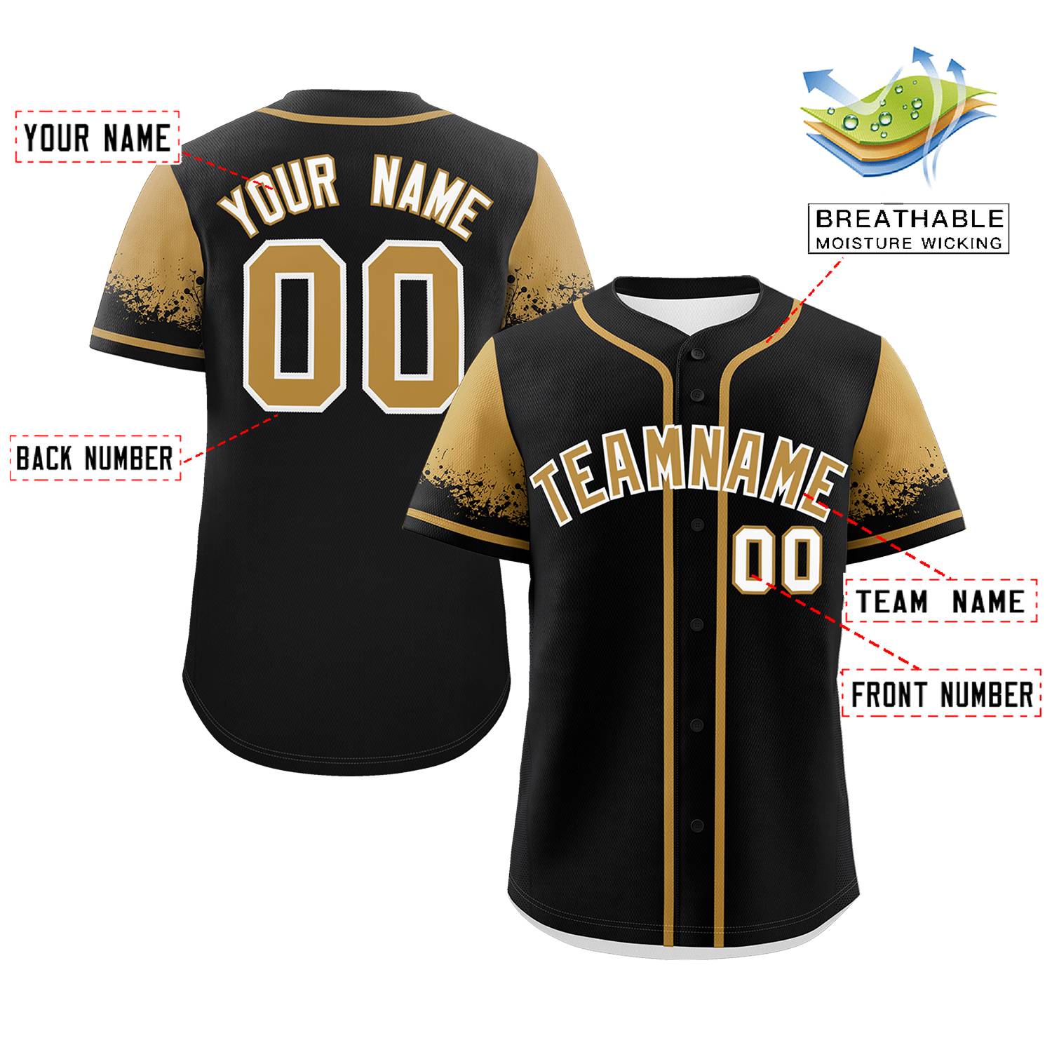 Custom Black Old Gold Personalized Raglan Sleeves Design Authentic Baseball Jersey