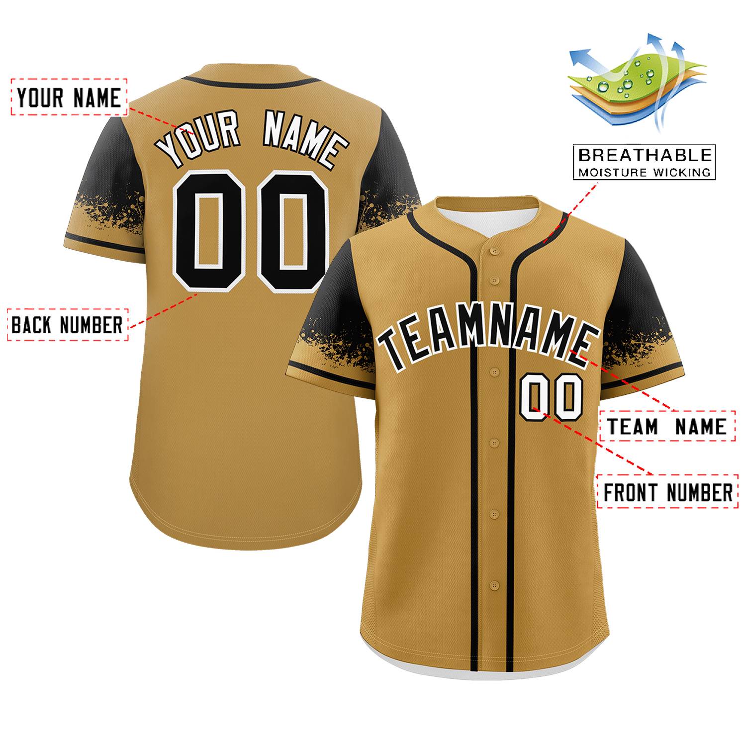 Custom Old Gold Black Personalized Raglan Sleeves Design Authentic Baseball Jersey