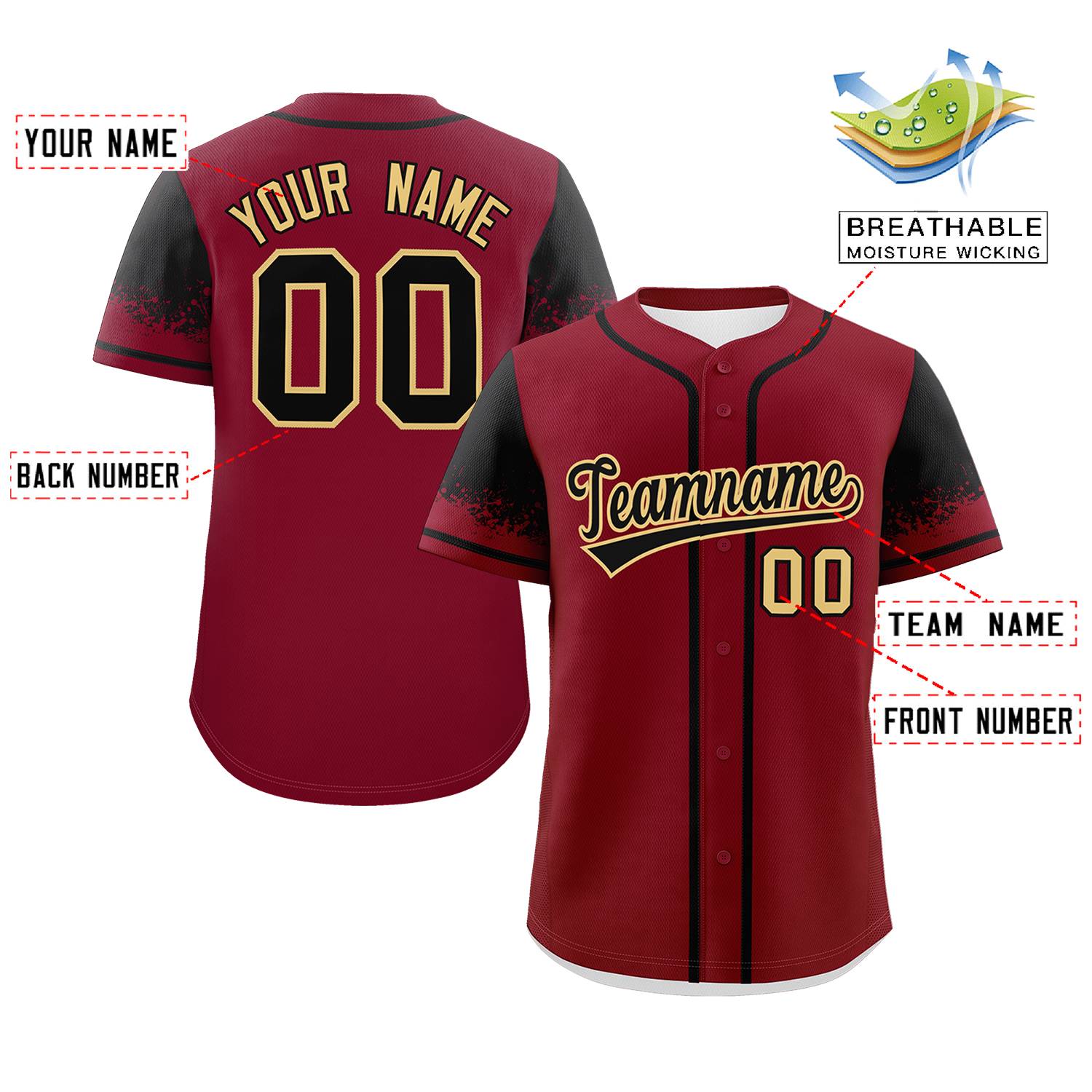 Custom Crimson Black Personalized Raglan Sleeves Design Authentic Baseball Jersey