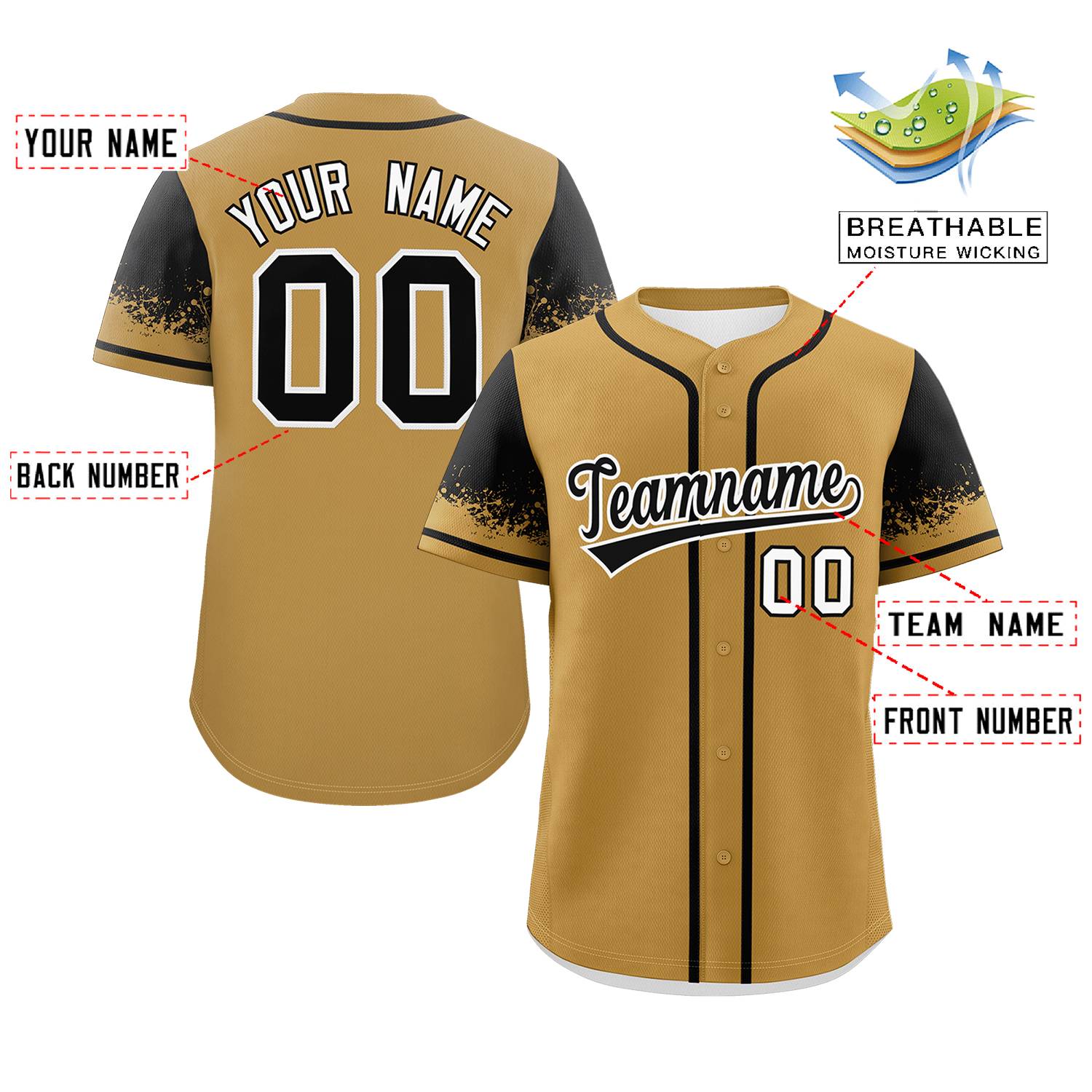 Custom Old Gold Black Personalized Raglan Sleeves Design Authentic Baseball Jersey