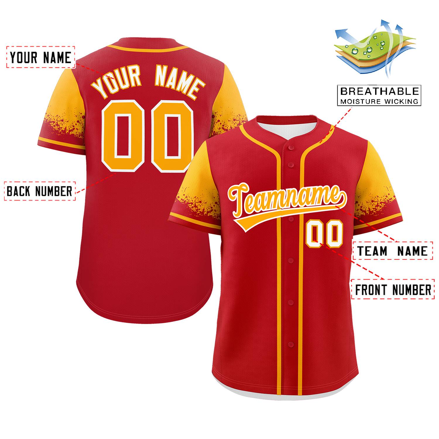 Custom Red Yellow Personalized Raglan Sleeves Design Authentic Baseball Jersey