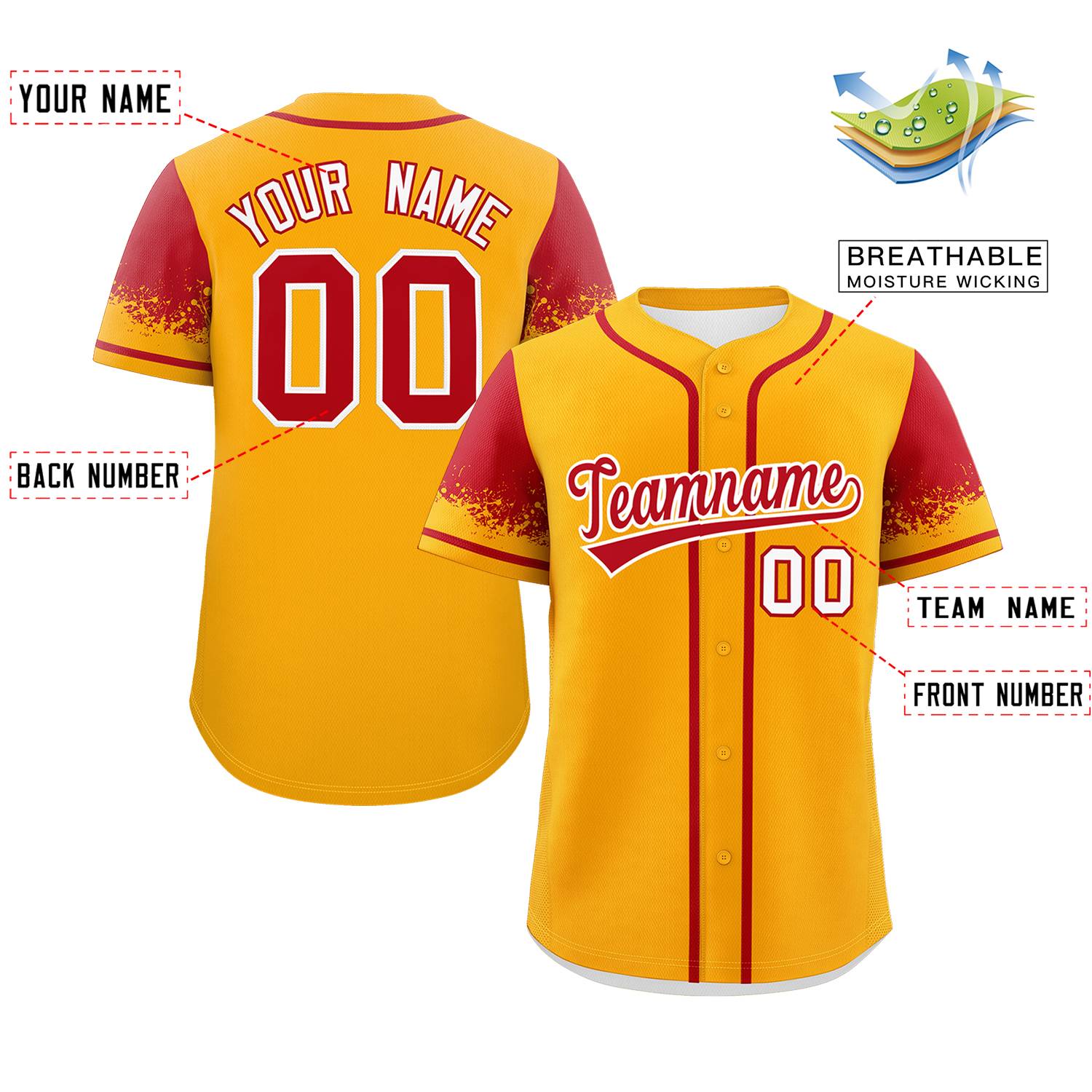 Custom Yellow Red Personalized Raglan Sleeves Design Authentic Baseball Jersey