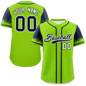 Custom Neon Green Navy Personalized Raglan Sleeves Design Authentic Baseball Jersey