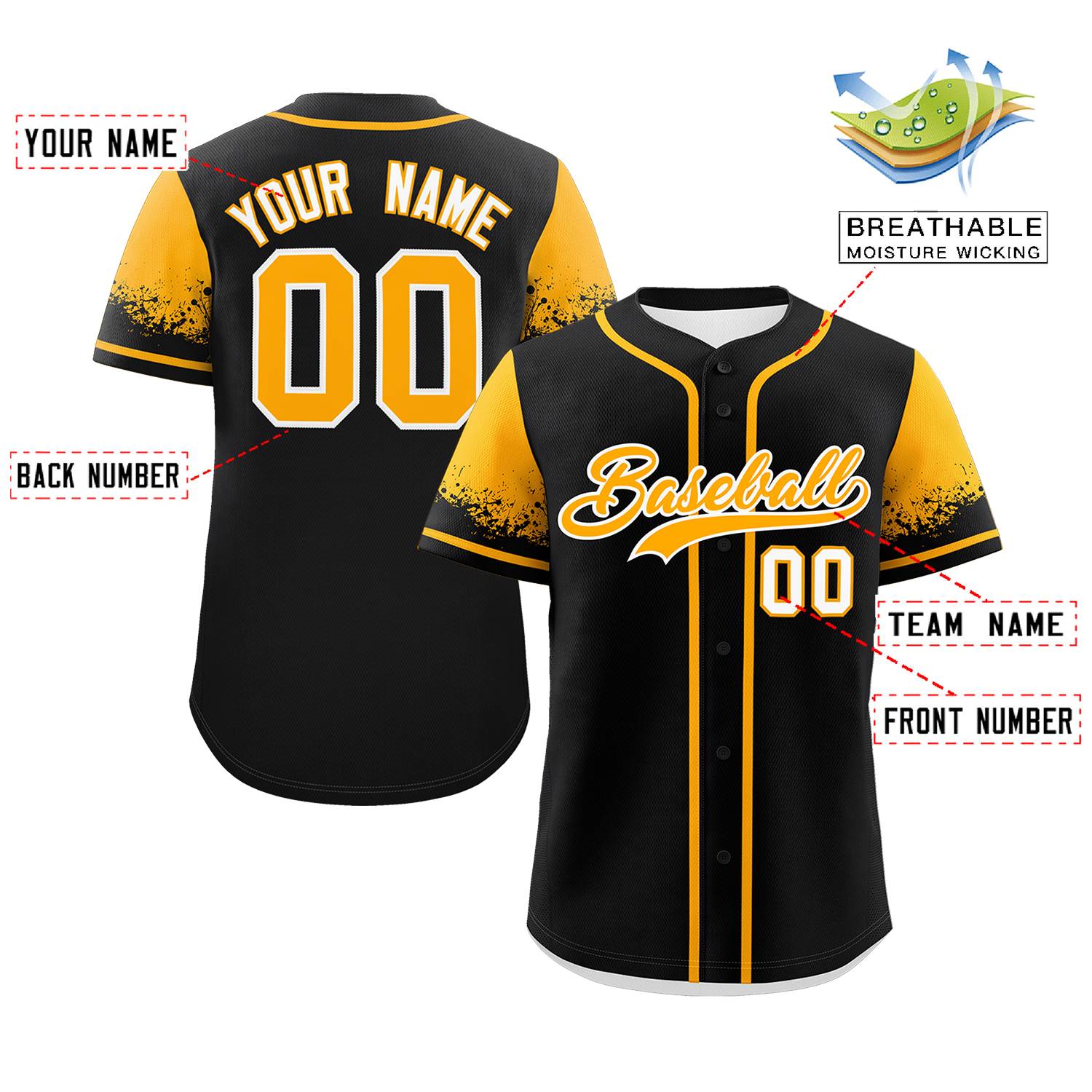 Custom Black Yellow Personalized Raglan Sleeves Design Authentic Baseball Jersey