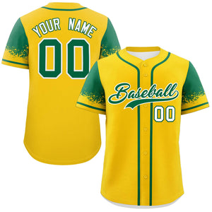 Custom Gold Kelly Green Personalized Raglan Sleeves Design Authentic Baseball Jersey