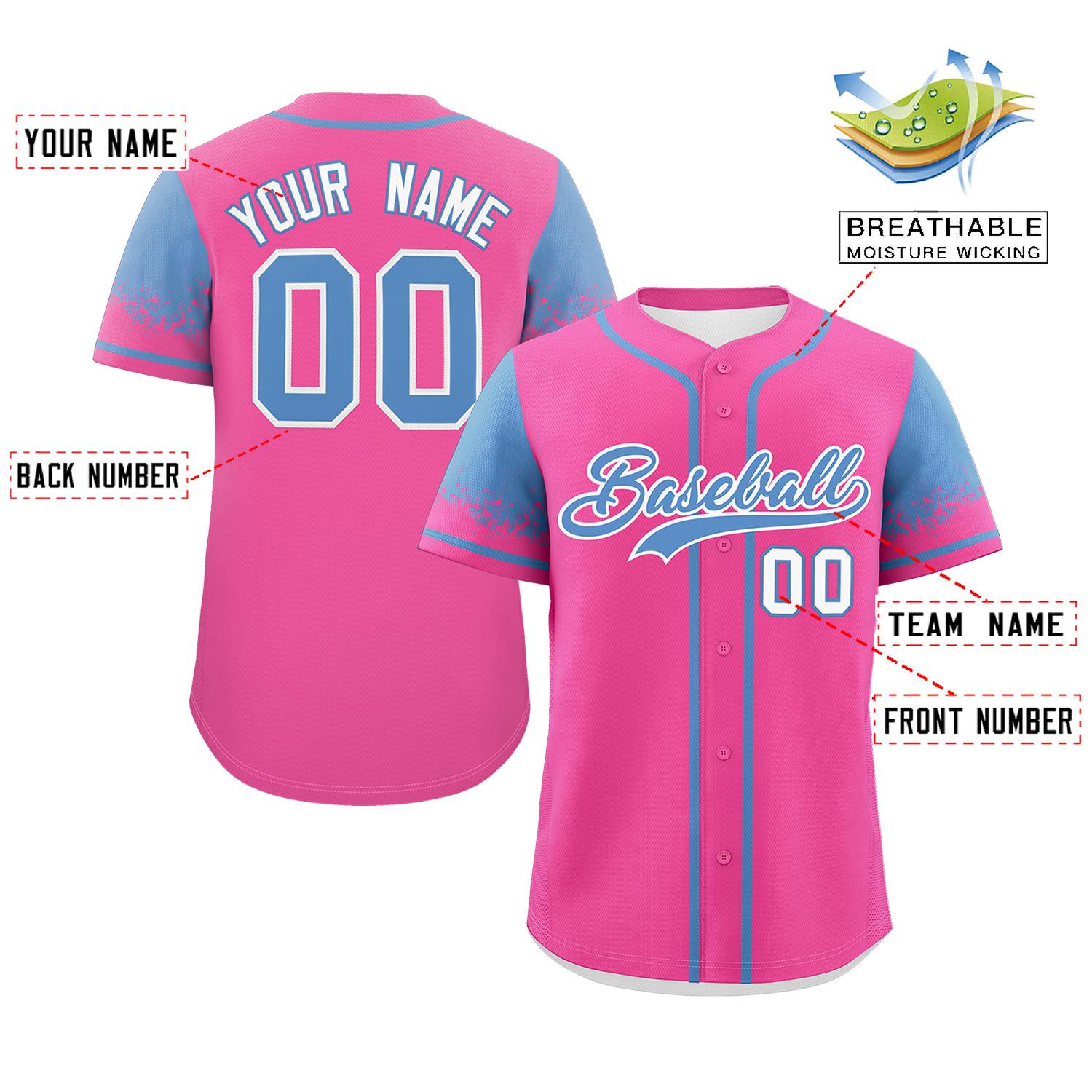 Custom Pink Light Blue Personalized Raglan Sleeves Design Authentic Baseball Jersey