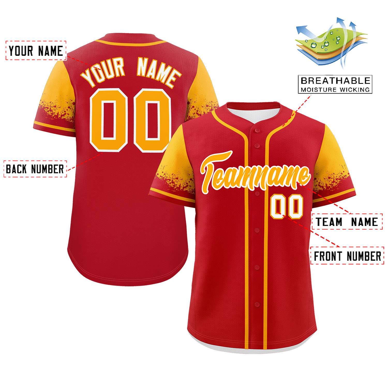 Custom Red Yellow Personalized Raglan Sleeves Design Authentic Baseball Jersey