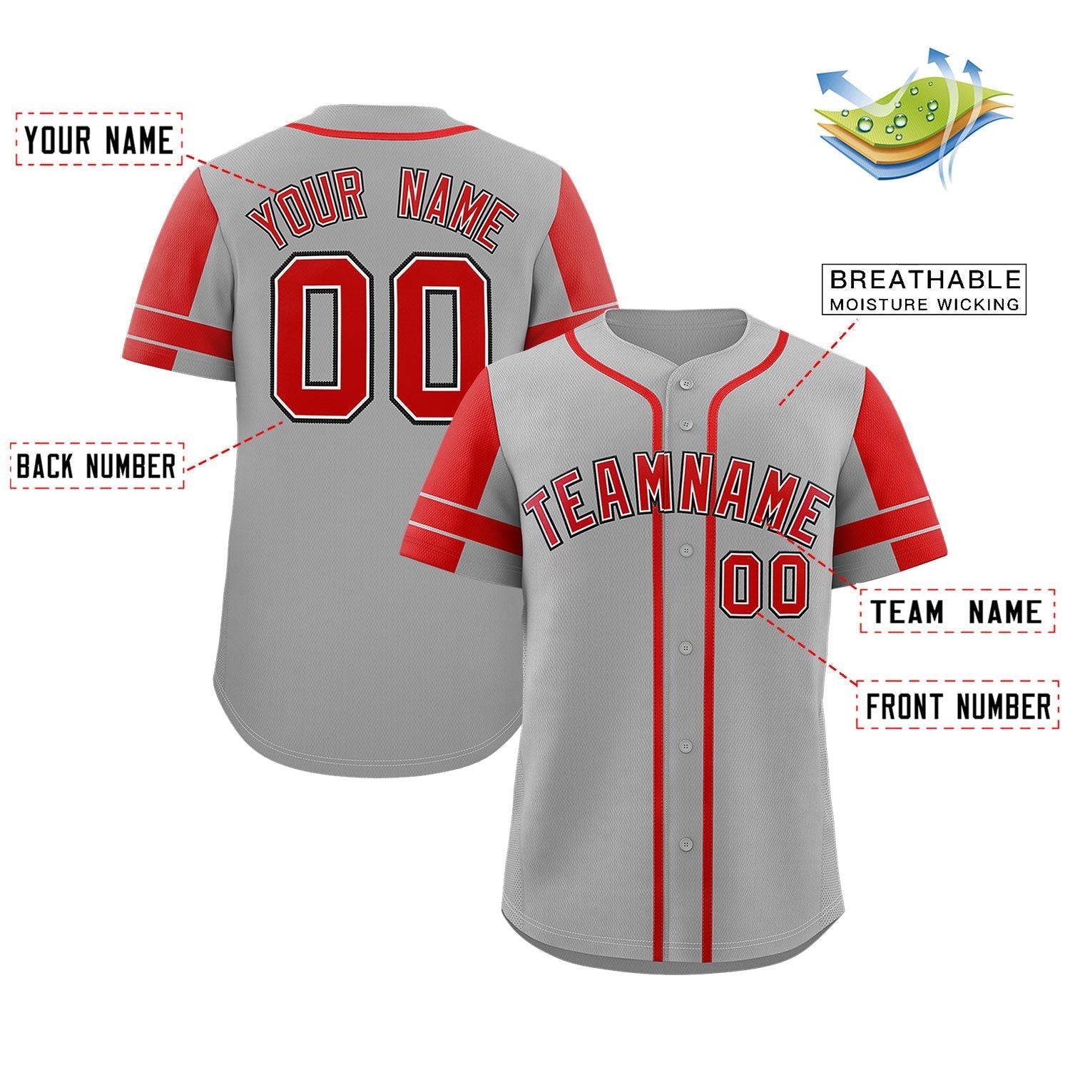 Custom Gray Red Personalized Raglan Sleeves Authentic Baseball Jersey