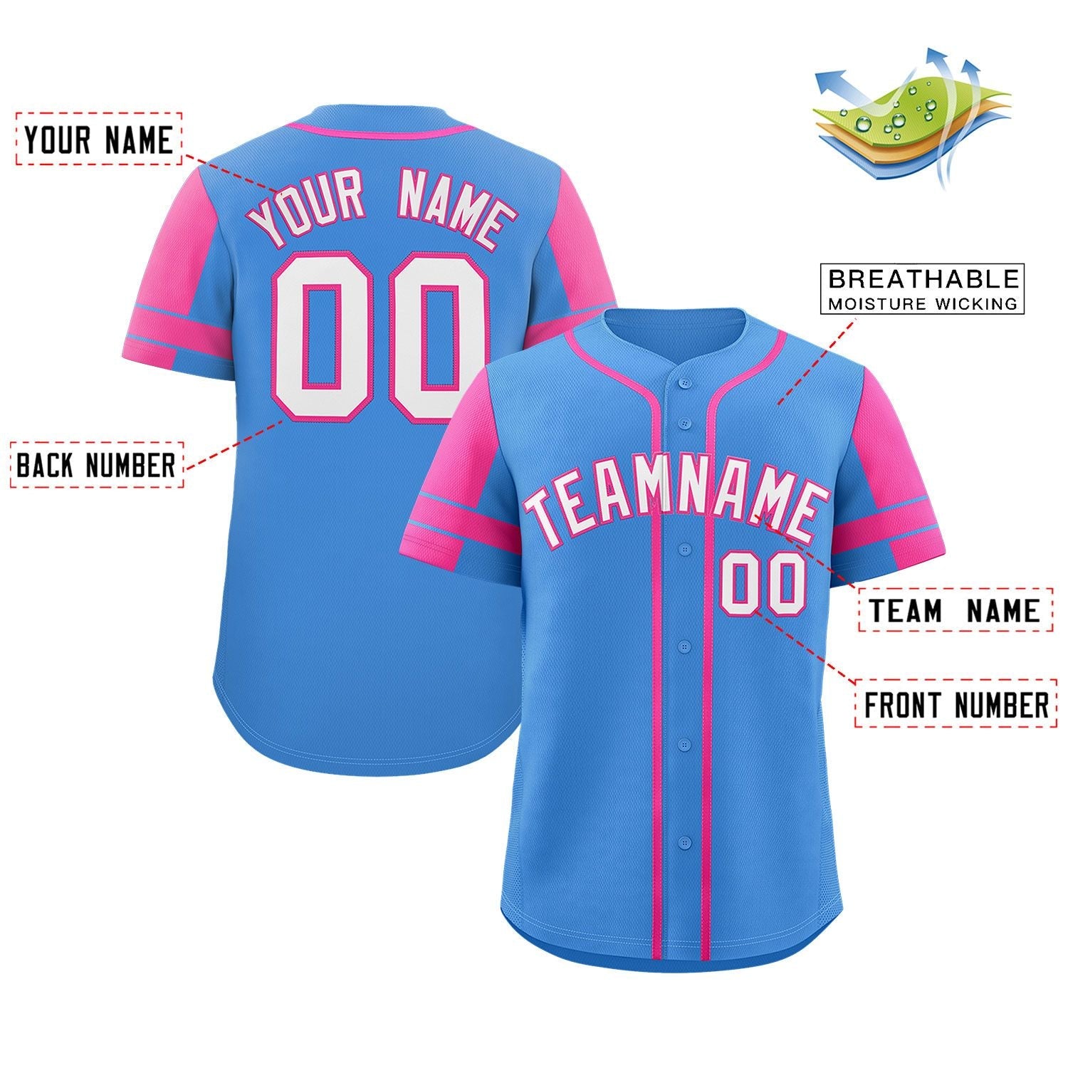 Custom Powder Blue Pink Personalized Raglan Sleeves Authentic Baseball Jersey