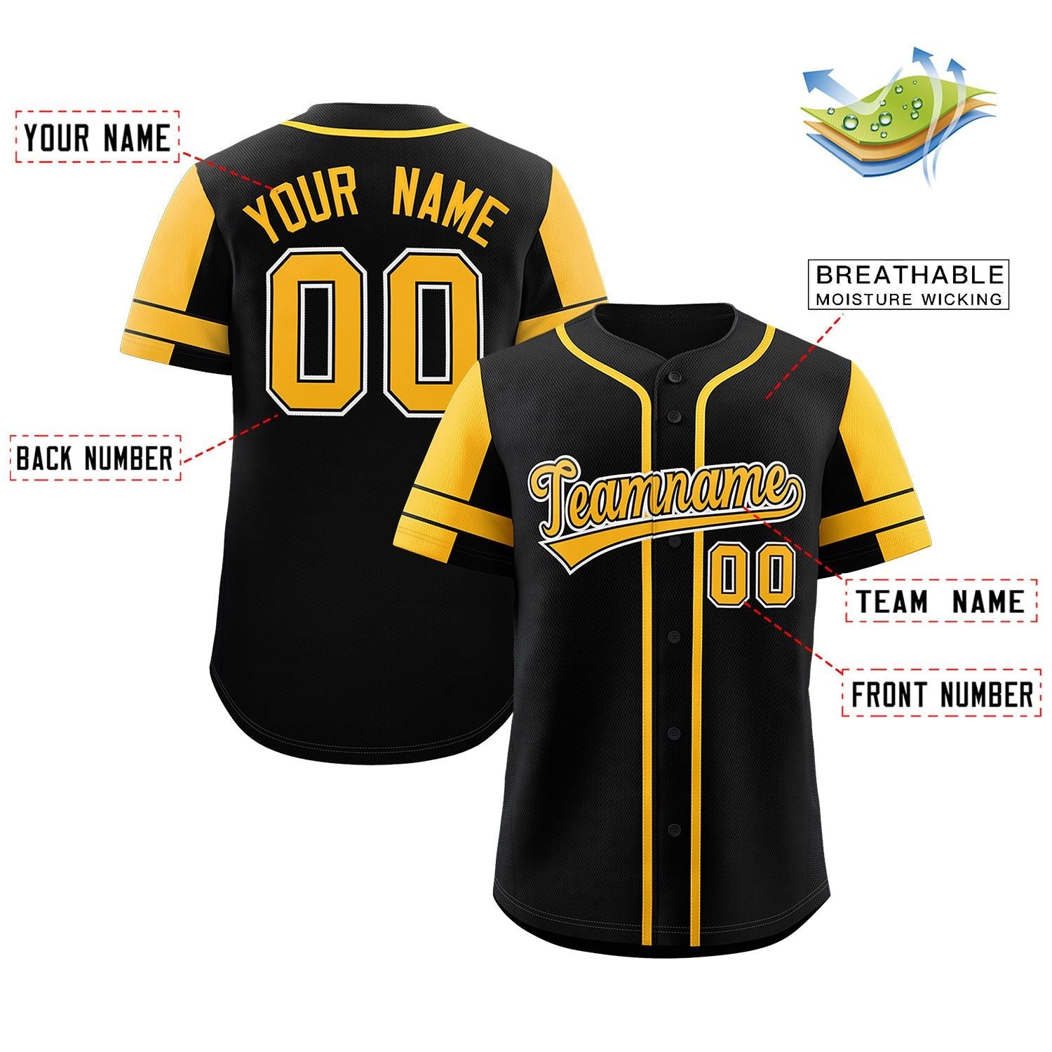 Custom Black Yellow Personalized Raglan Sleeves Authentic Baseball Jersey