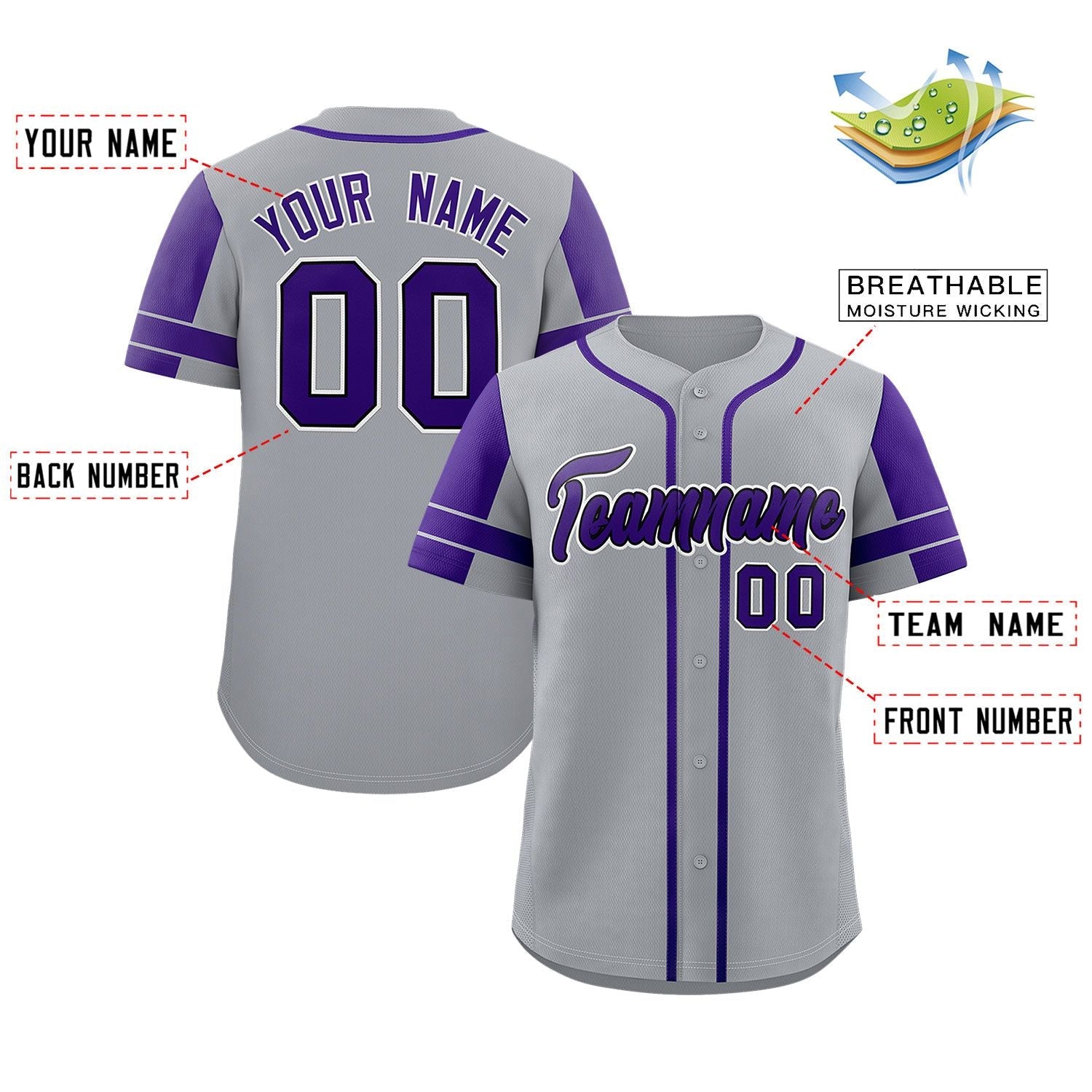 Custom Gray Purple Personalized Raglan Sleeves Authentic Baseball Jersey