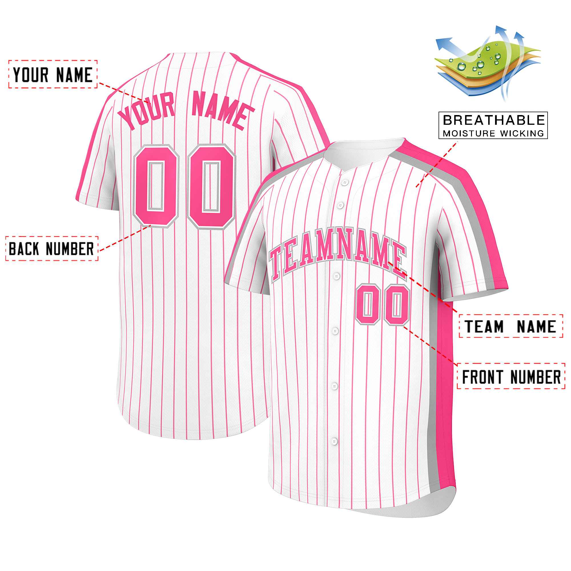 Custom White Pink Pinstripe Personalized Side Two-tone Authentic Baseball Jersey