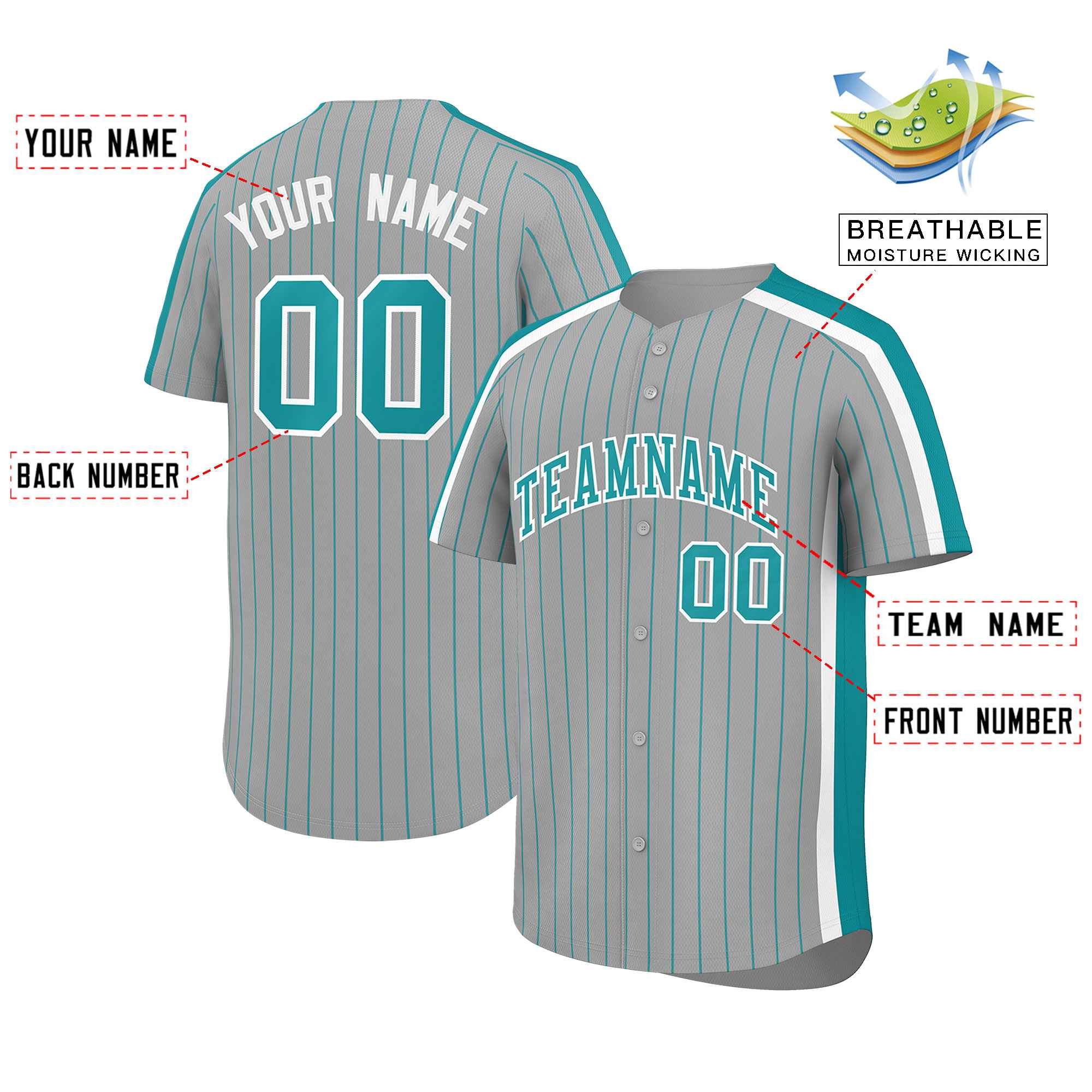 Custom Gray Aqua Pinstripe Personalized Side Two-tone Authentic Baseball Jersey