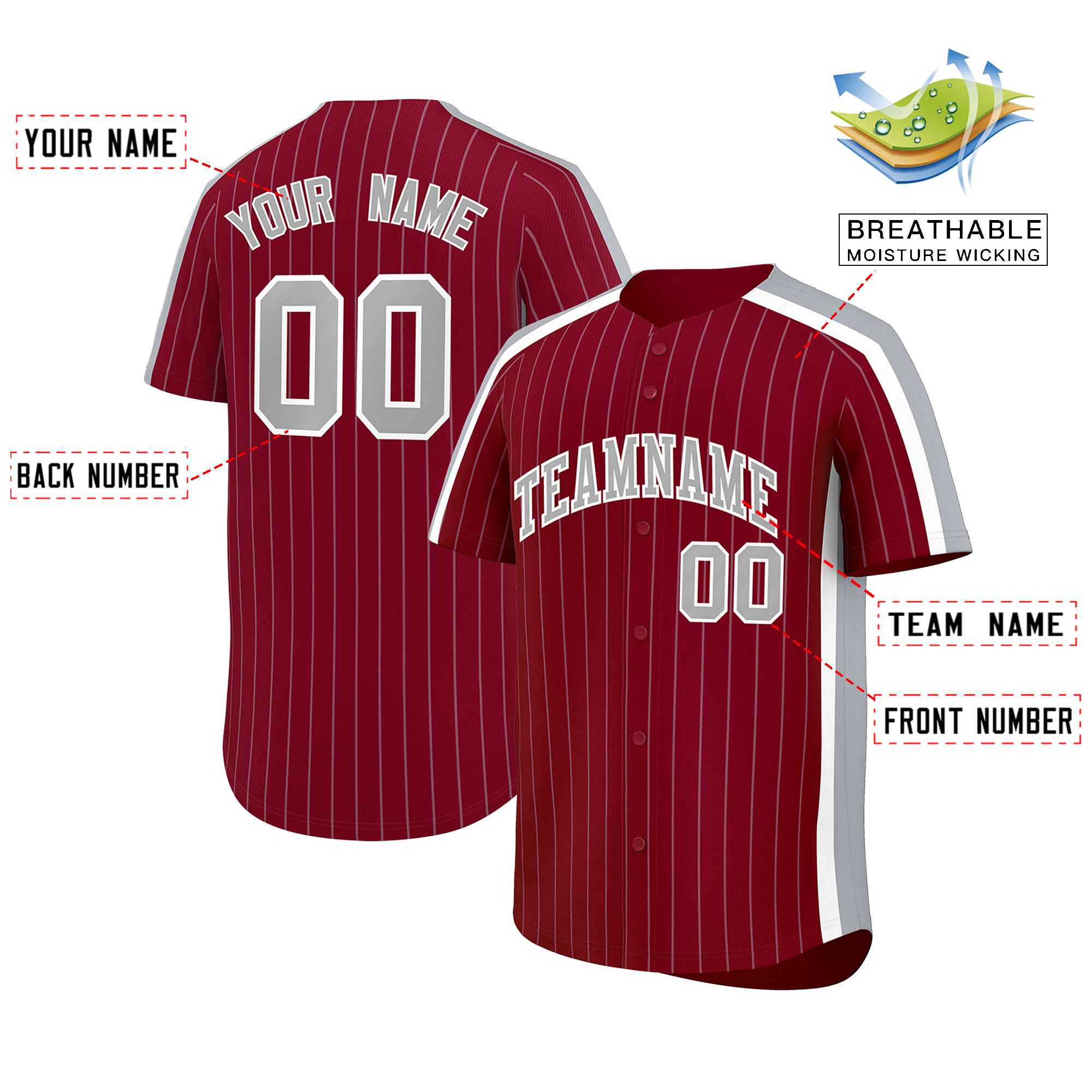 Custom Crimson Gray Pinstripe Personalized Side Two-tone Authentic Baseball Jersey