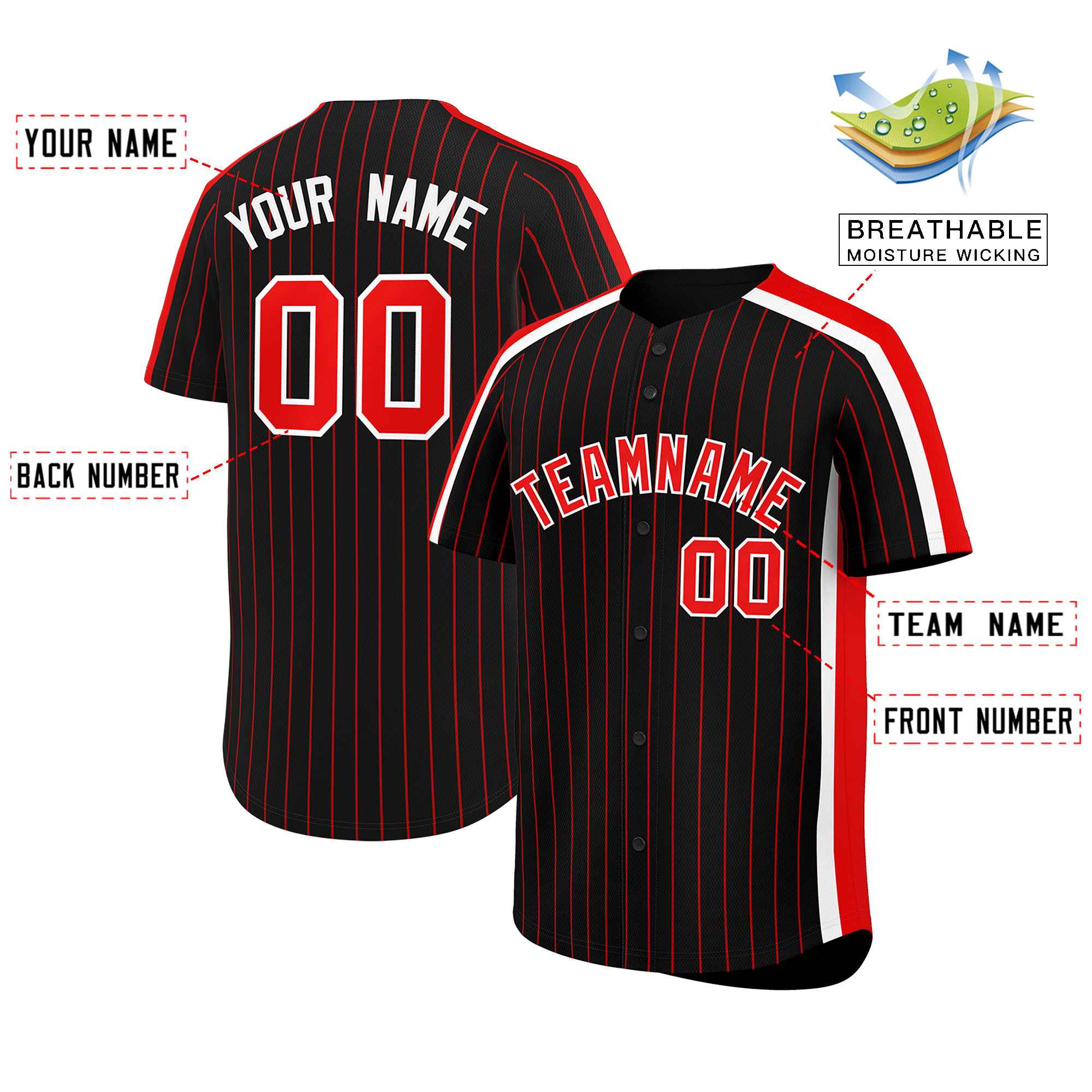 Custom Black Red Pinstripe Personalized Side Two-tone Authentic Baseball Jersey