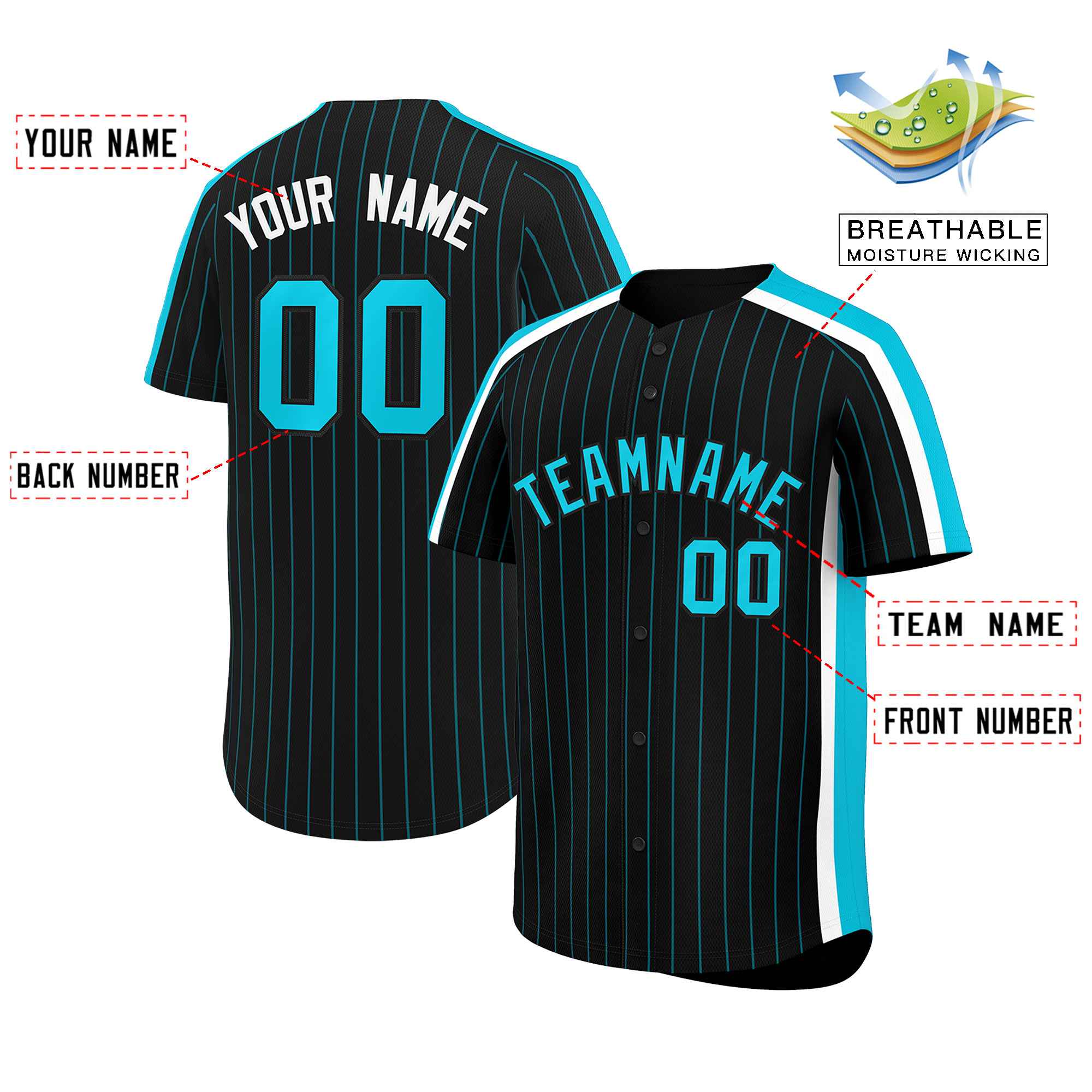 Custom Black Sky Blue Pinstripe Personalized Side Two-tone Authentic Baseball Jersey