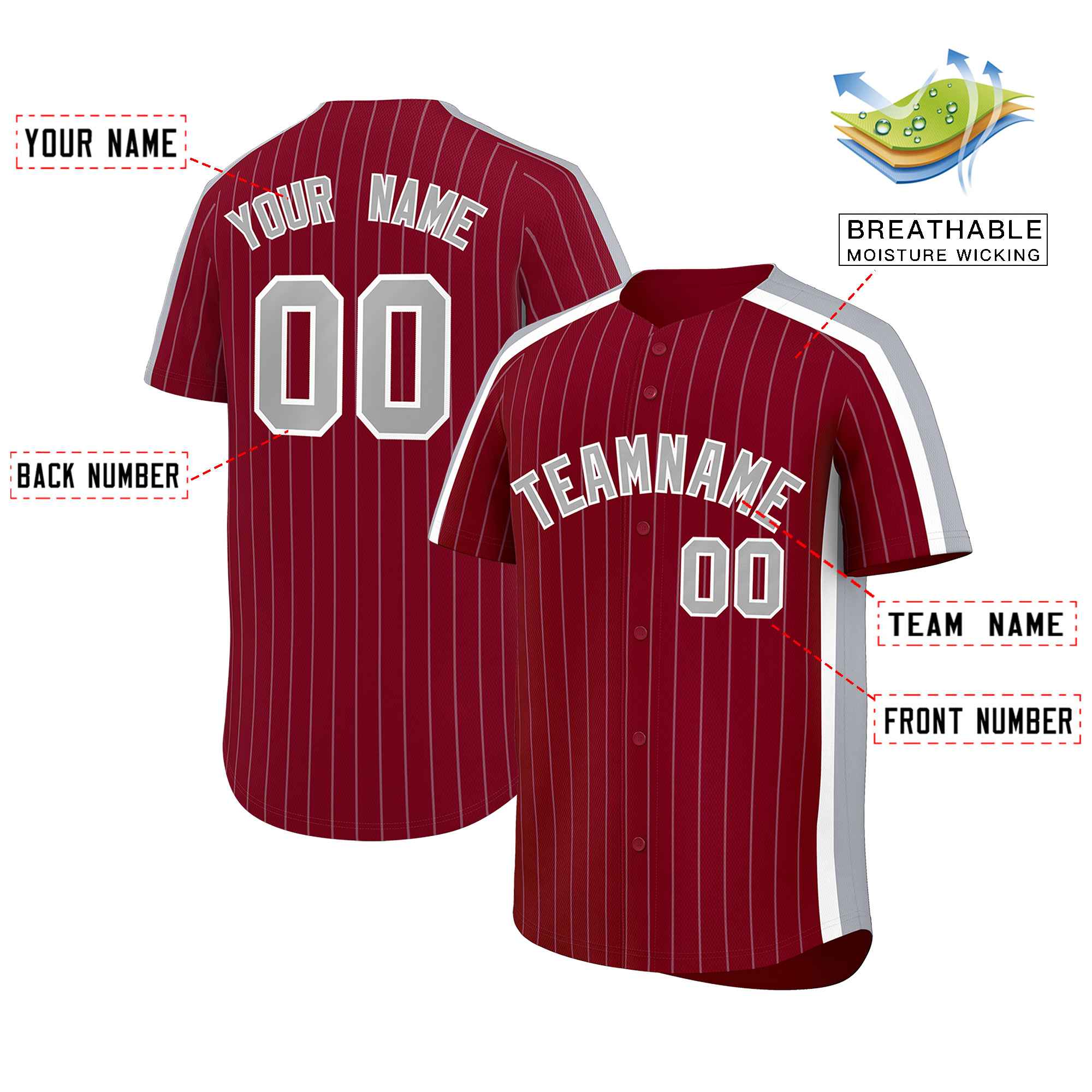 Custom Crimson Gray Pinstripe Personalized Side Two-tone Authentic Baseball Jersey