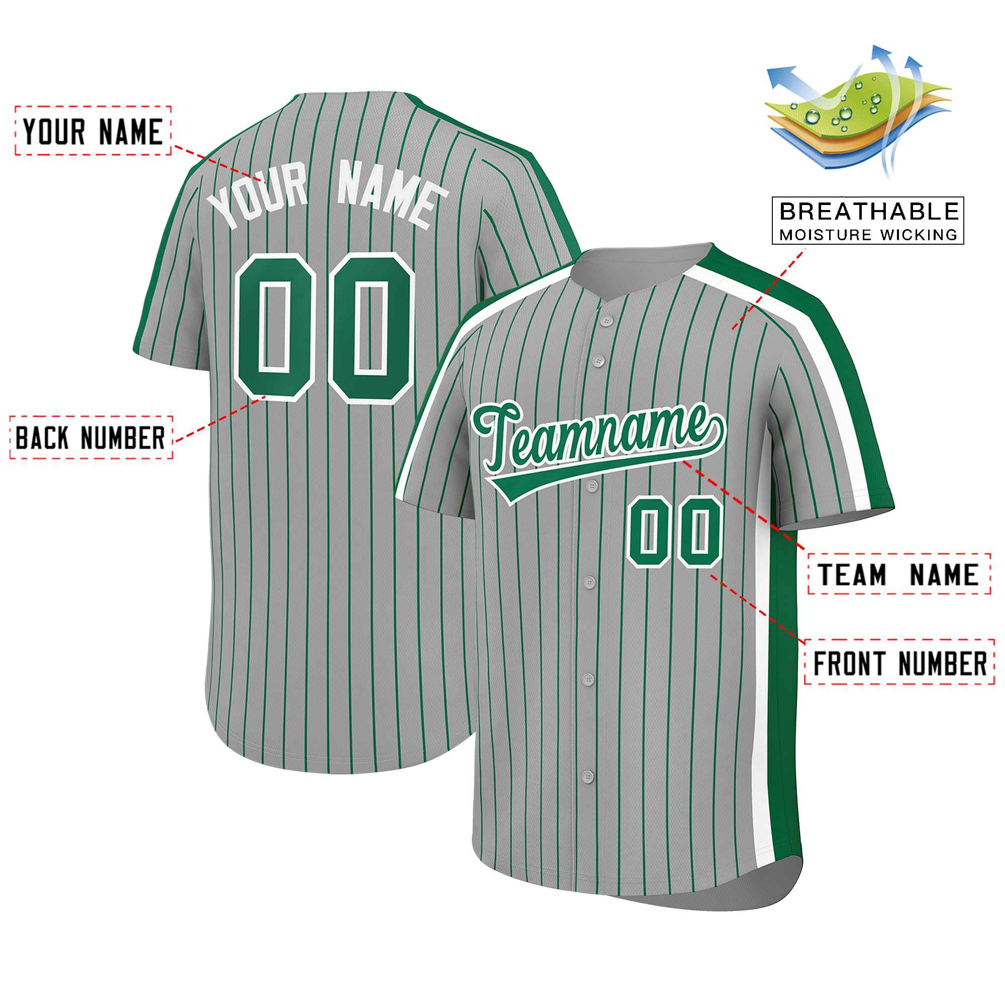 Custom Gray Kelly Green Pinstripe Personalized Side Two-tone Authentic Baseball Jersey