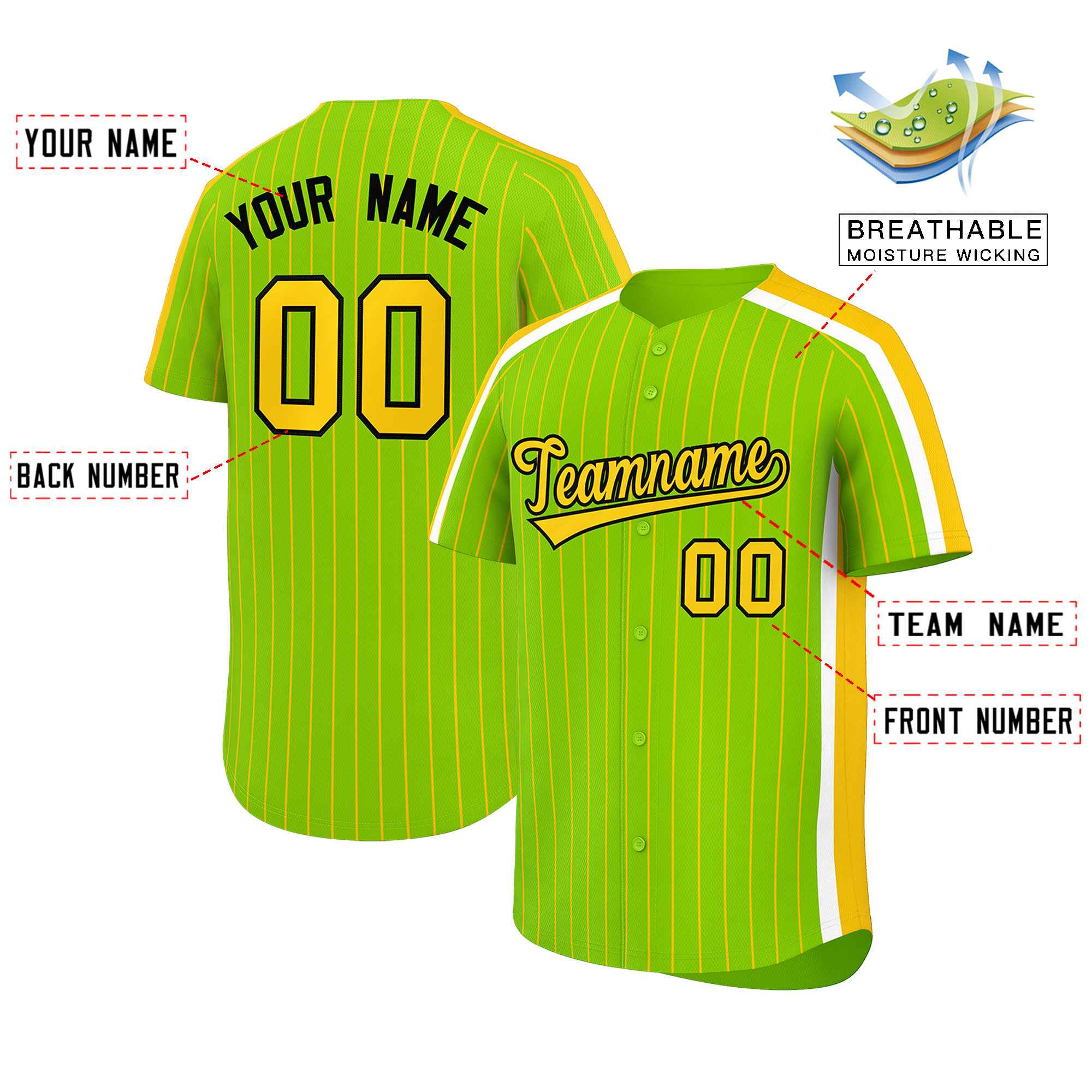 Custom Neon Green Gold Pinstripe Personalized Side Two-tone Authentic Baseball Jersey