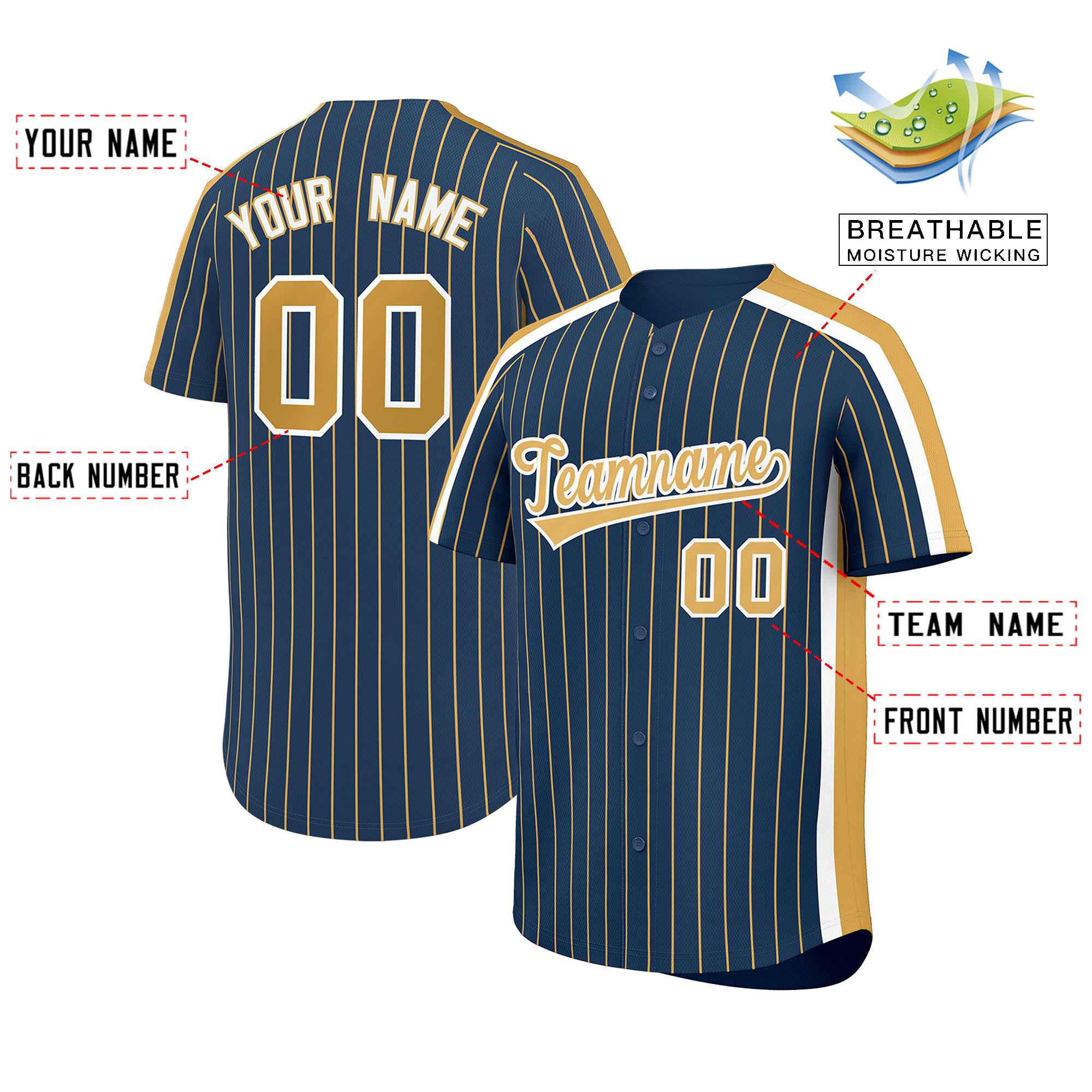 Custom Midnight Blue Old Gold Pinstripe Personalized Side Two-tone Authentic Baseball Jersey