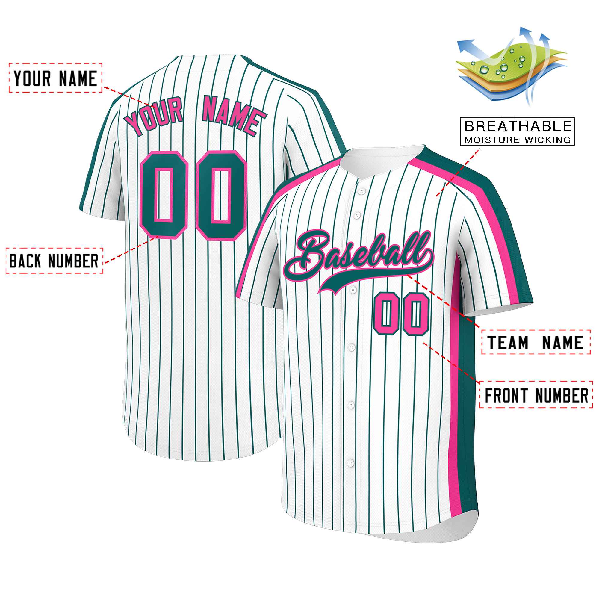 Custom White Aqua Pinstripe Personalized Side Two-tone Authentic Baseball Jersey