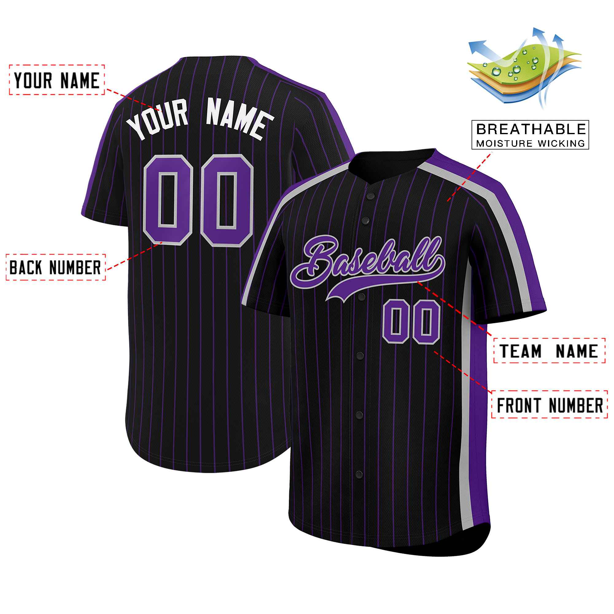 Custom Black Purple Pinstripe Personalized Side Two-tone Authentic Baseball Jersey