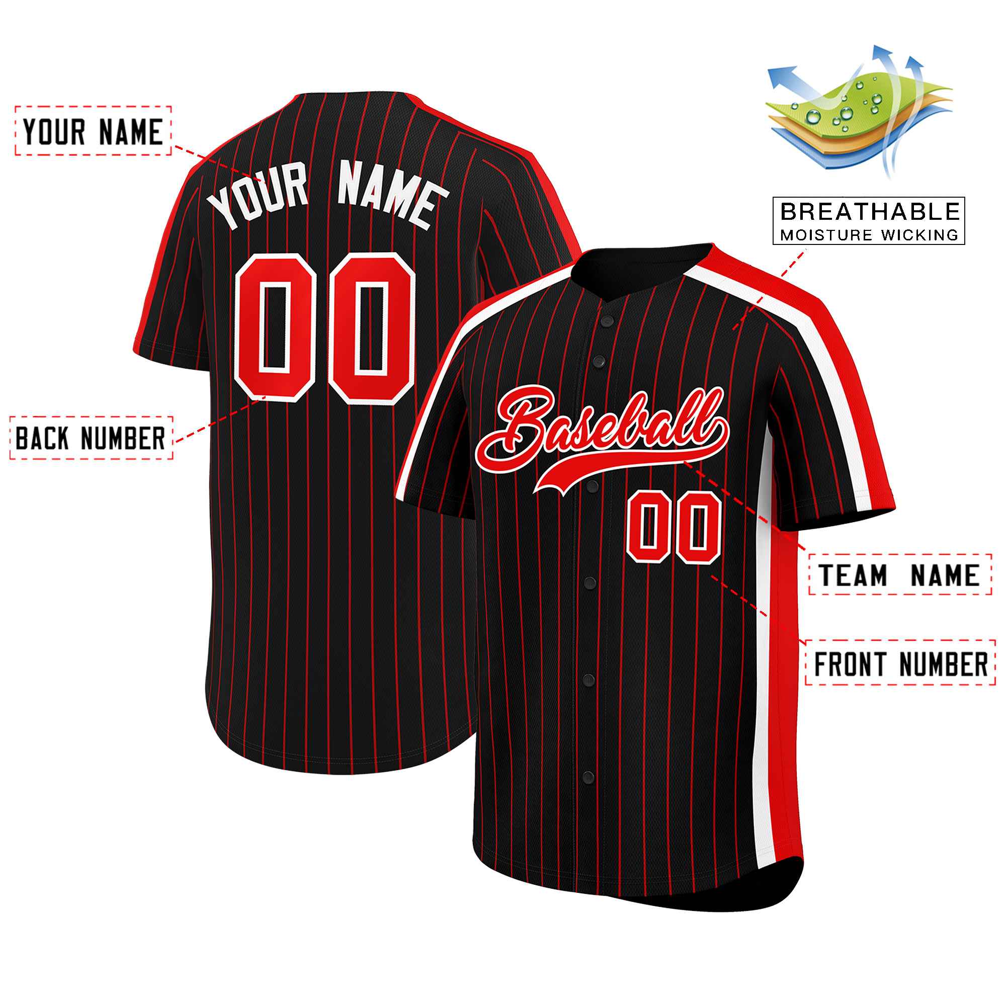 Custom Black Red Pinstripe Personalized Side Two-tone Authentic Baseball Jersey