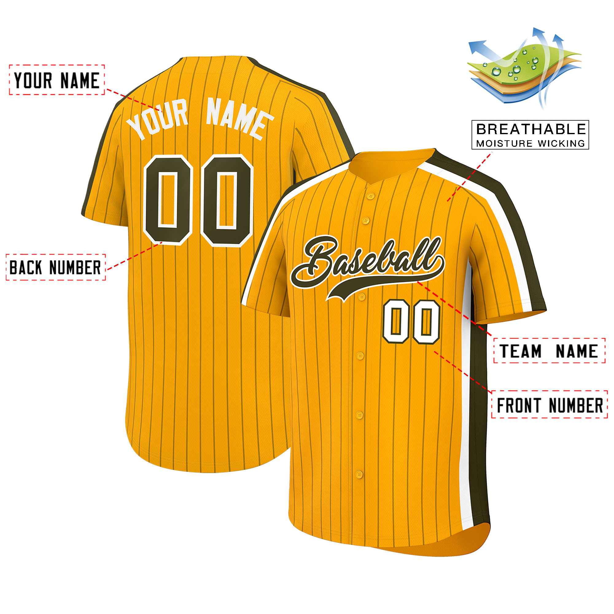 Custom Gold Olive Pinstripe Personalized Side Two-tone Authentic Baseball Jersey